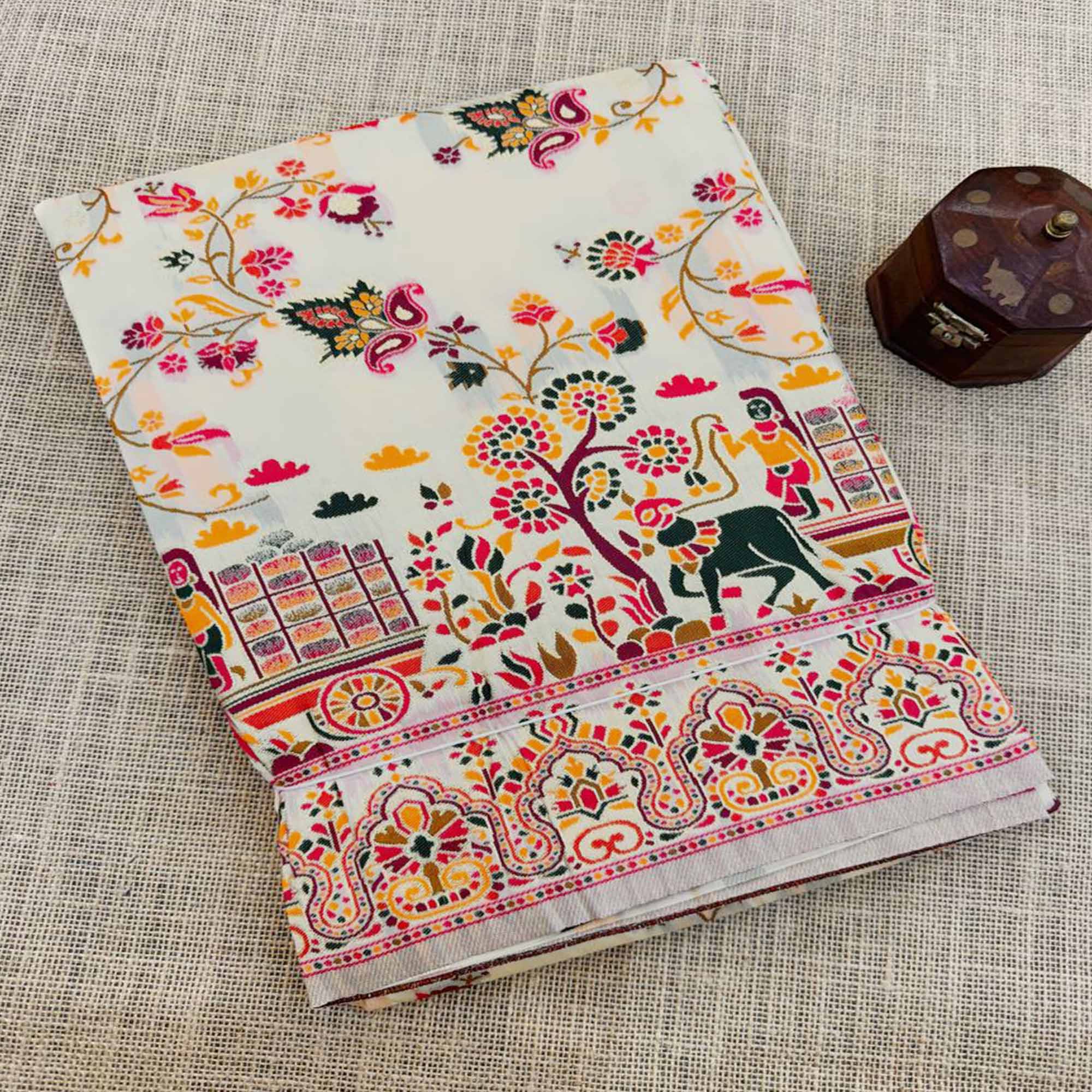 Royal Off White Pashmina Silk Saree with Rajwadi Zari Weaving