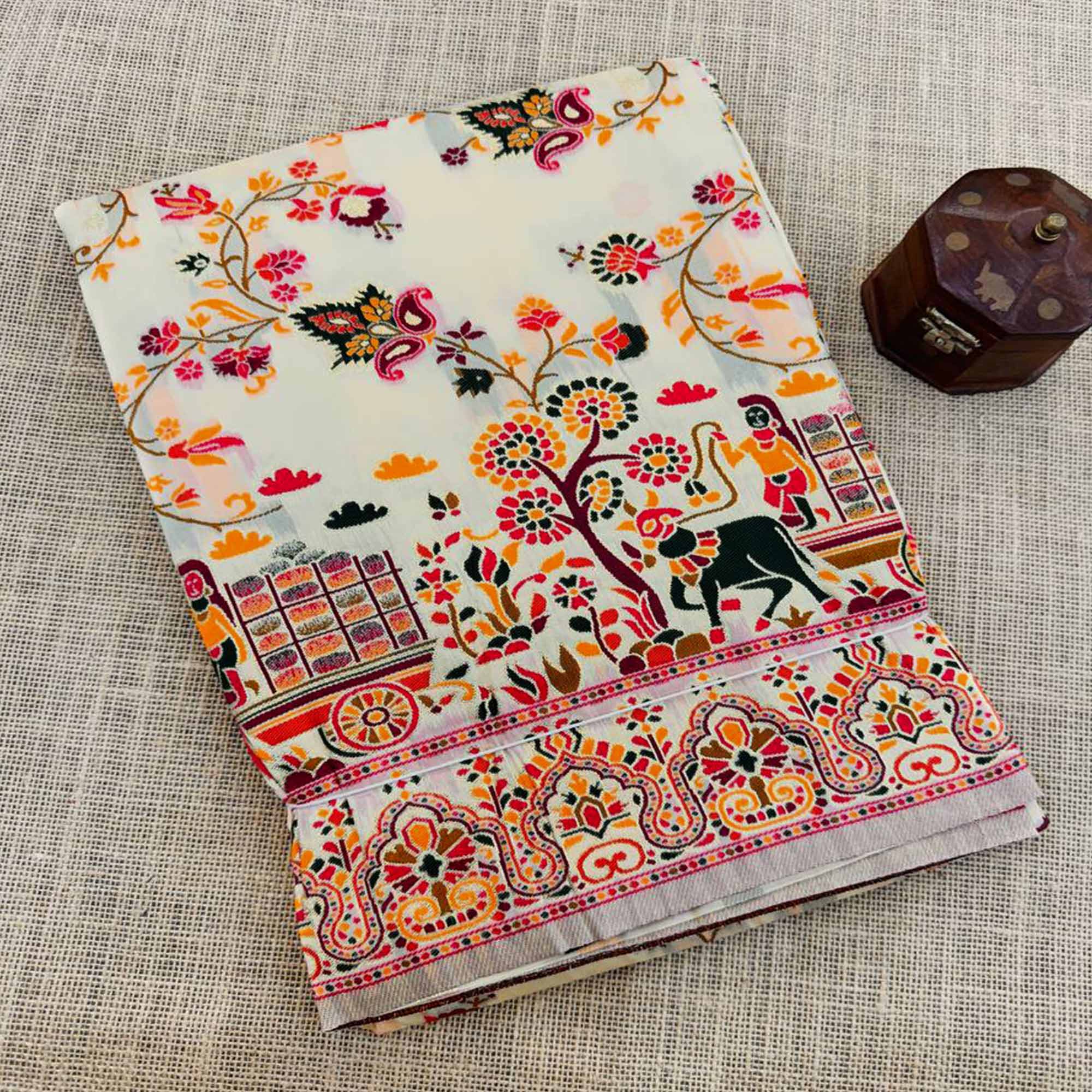 Royal White Pashmina Silk Saree with Rajwadi Zari Weaving