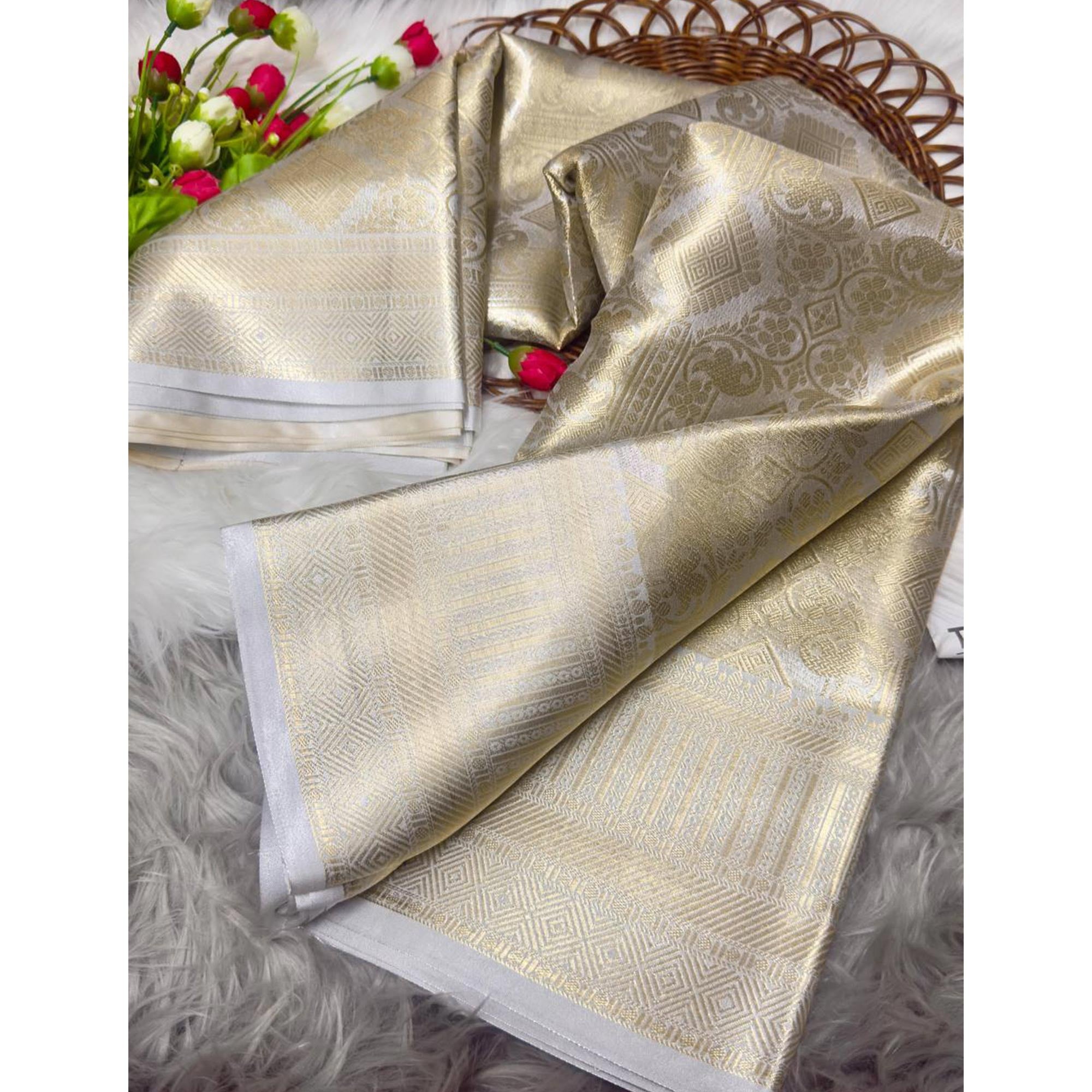 Handloom Banarasi Golden Tissue Silk Saree Adorned with Intricate Traditional Patterns