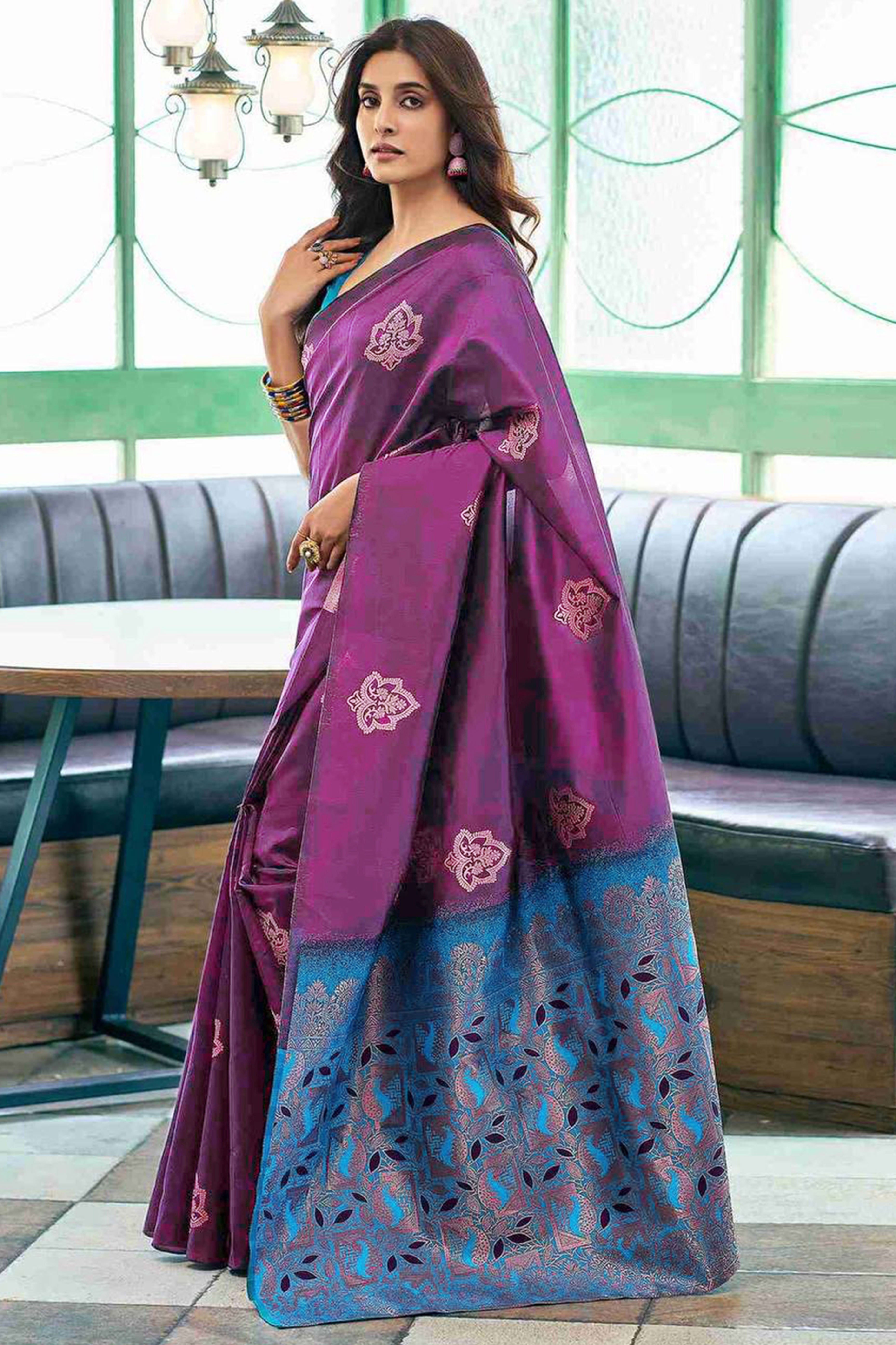 Purple Banarasi Silk Saree Adorned with Elegant Floral Zari Weaving