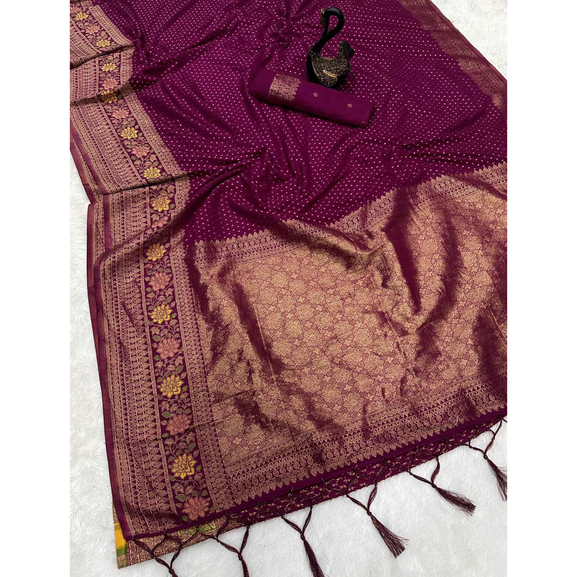 Wine Saree in Pure Georgette Featuring Delicate Zari Butti Work