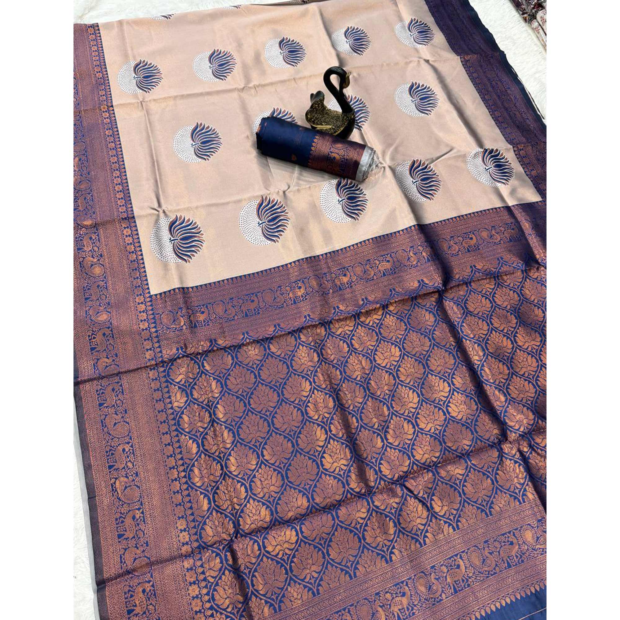 Navy Blue Floral Zari Weaving Banarasi Silk Saree Embellished With Intricate Unique Border & Pallu
