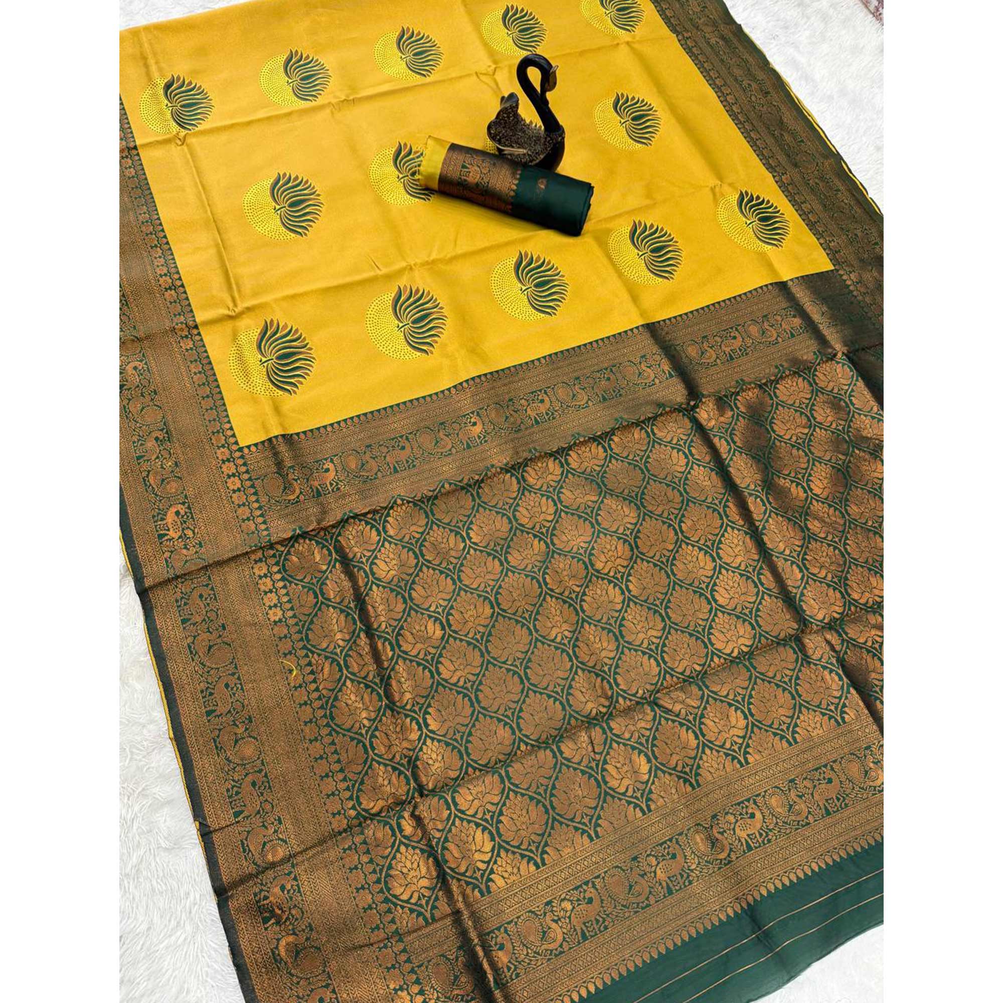 Yellow & Green Floral Zari Weaving Banarasi Silk Saree Embellished With Unique Border & Pallu