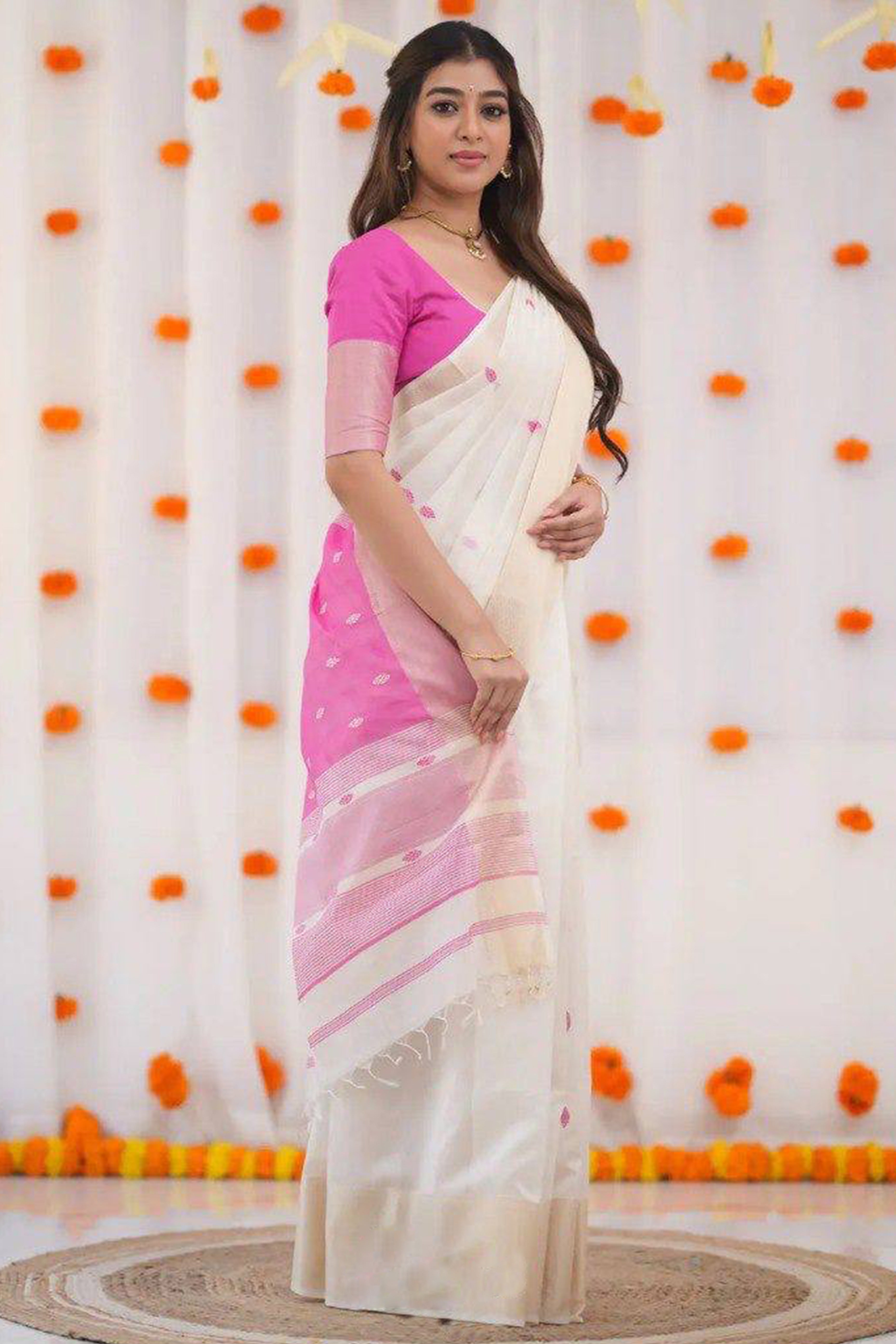White and Pink Zari-Woven Linen Cotton Saree Offering a Refined Festive Look