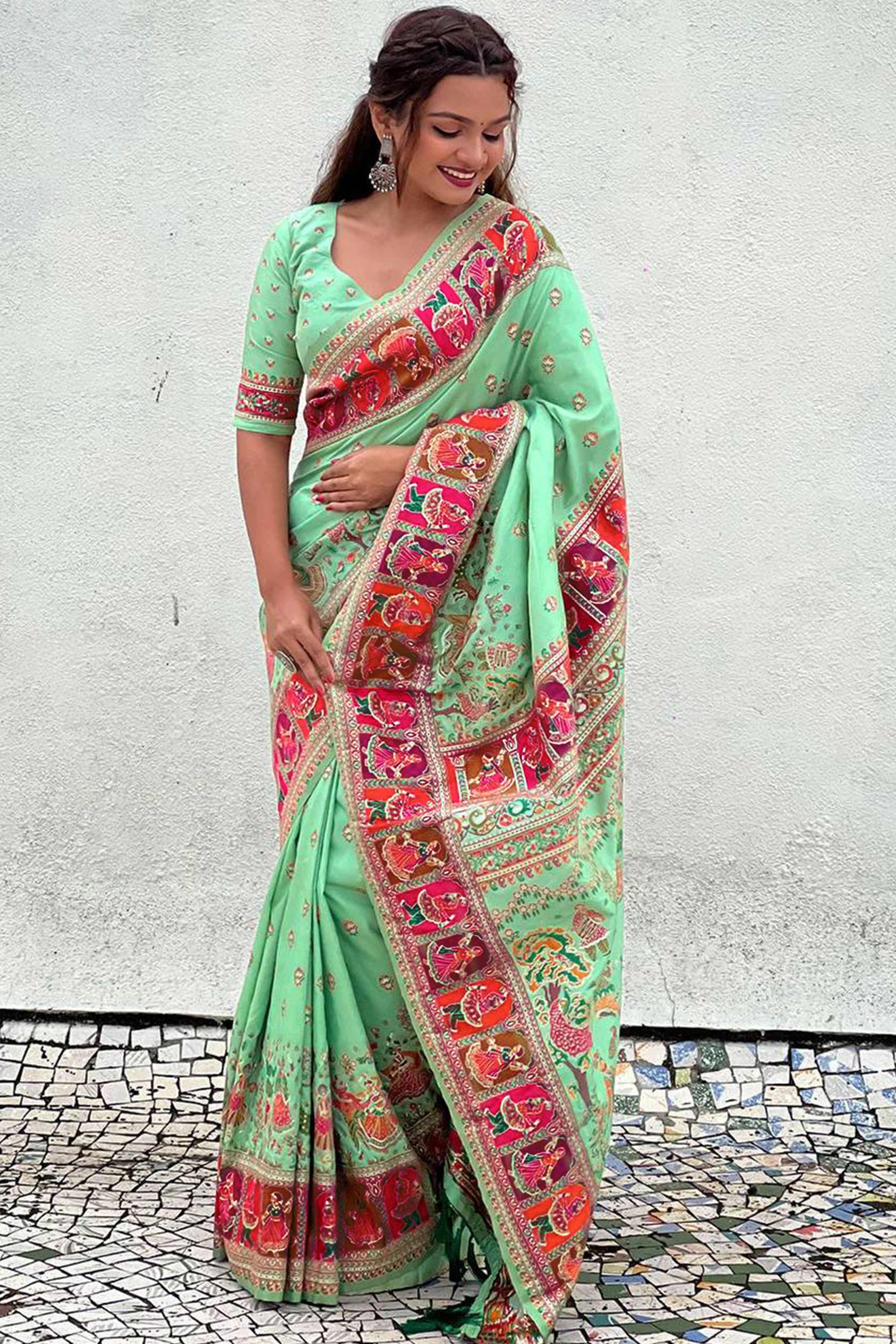 Pista Green Pashmina Silk Saree Enhanced with Intricate Rajwadi Zari Weaves for Festive Elegance
