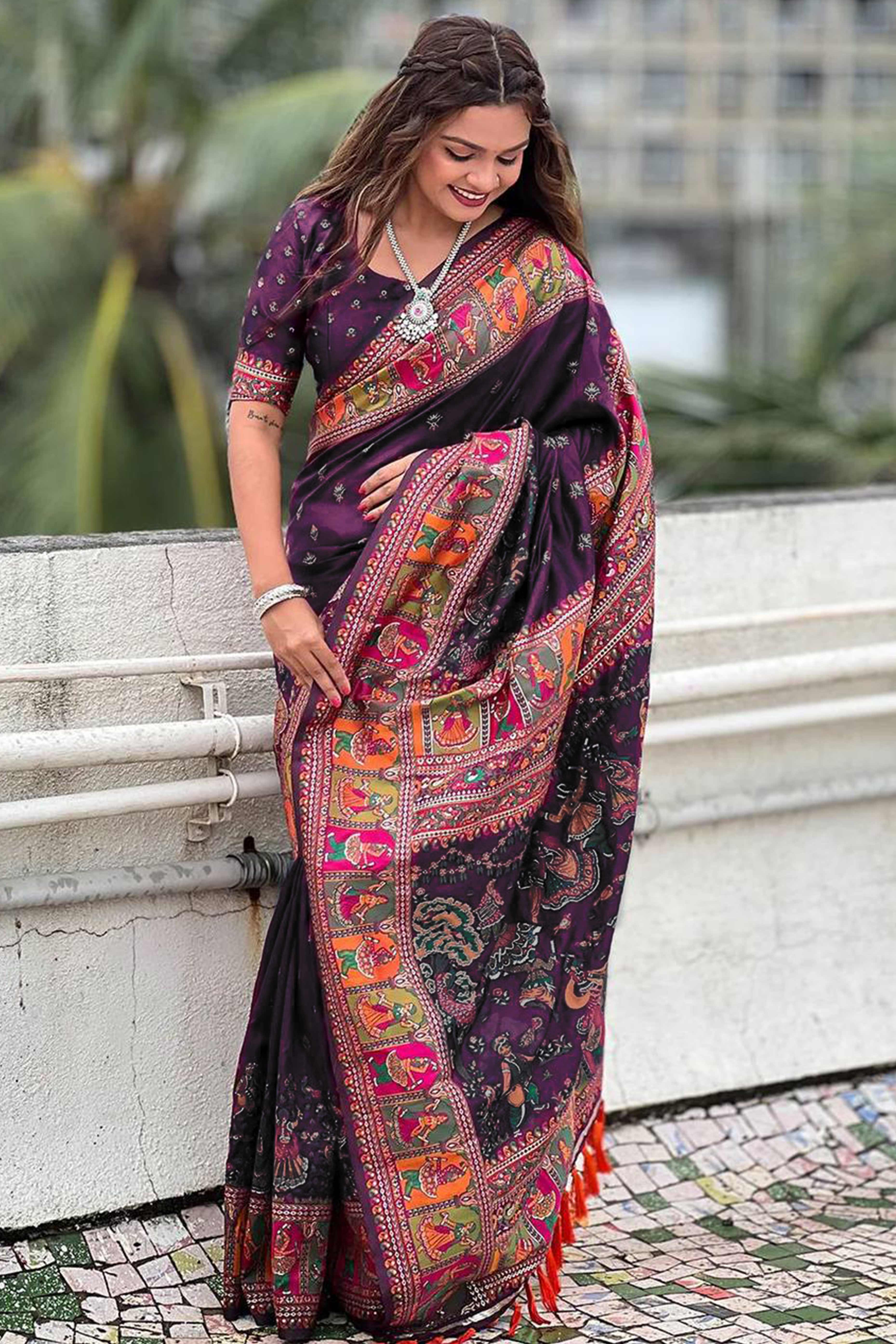 Purple Pashmina Silk Saree Enhanced with Intricate Rajwadi Zari Weaves for Festive Elegance