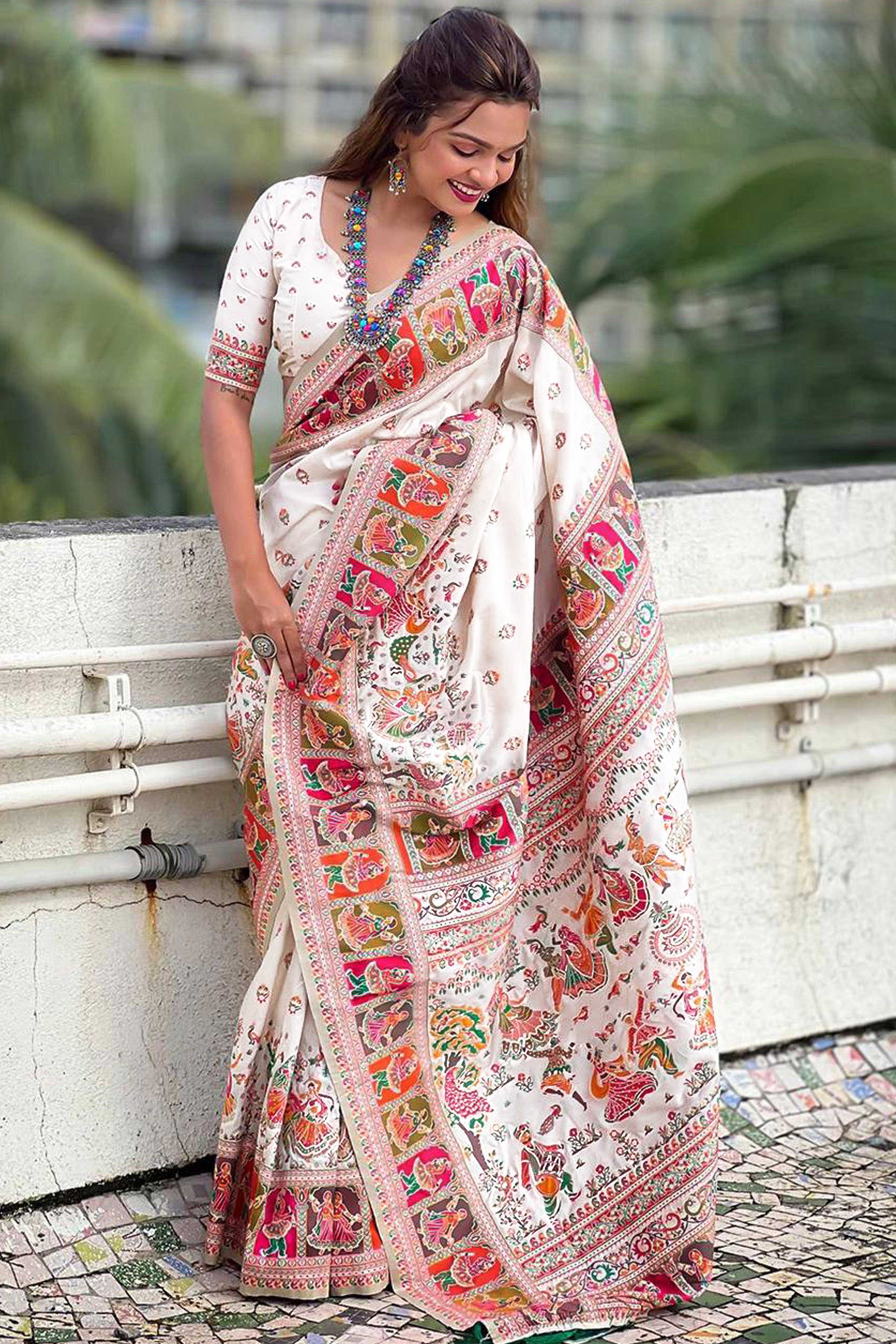 White Pashmina Silk Saree Enhanced with Intricate Rajwadi Zari Weaves for Festive Elegance