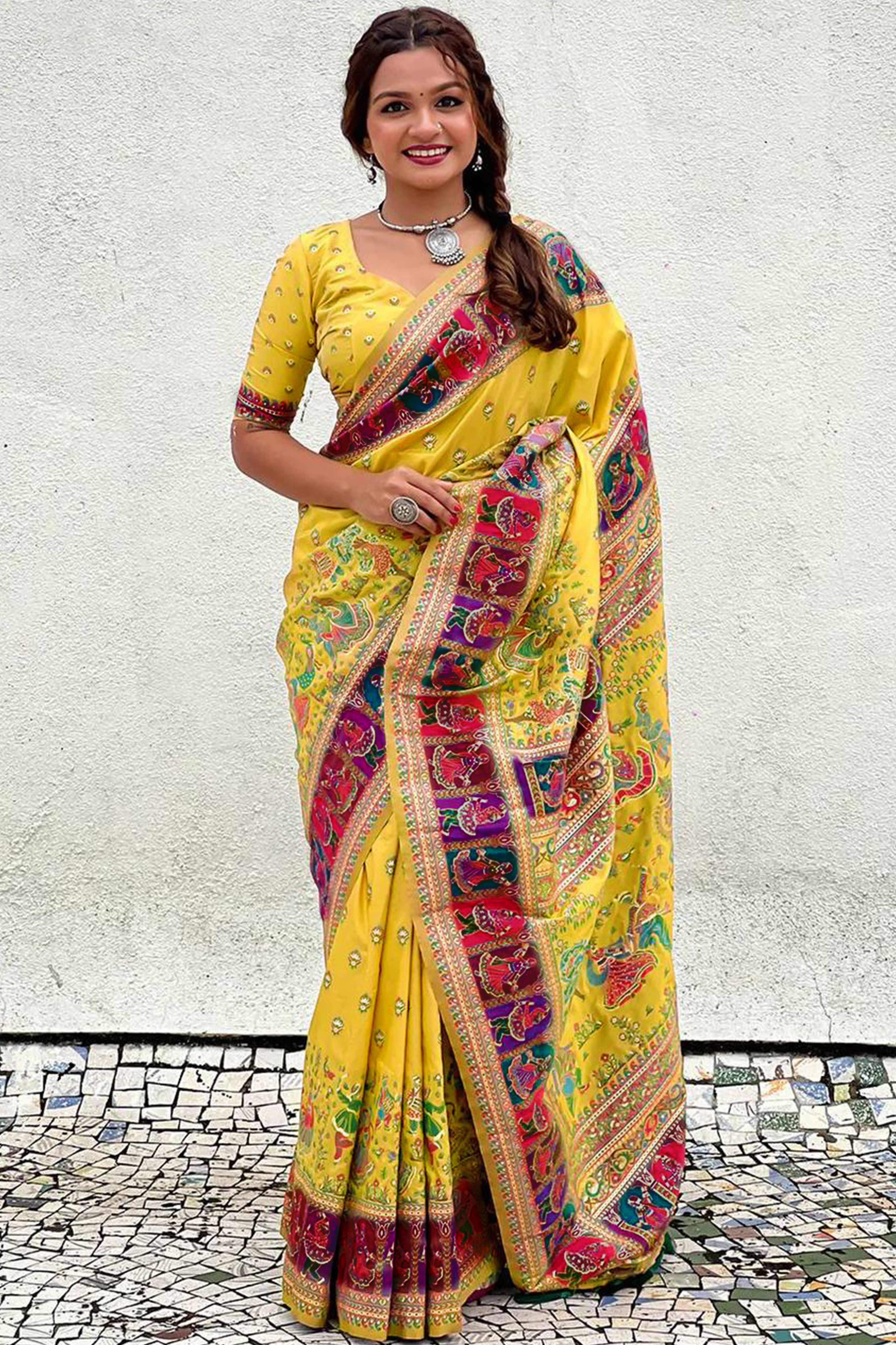 Yellow Pashmina Silk Saree Enhanced with Intricate Rajwadi Zari Weaves for Festive Elegance