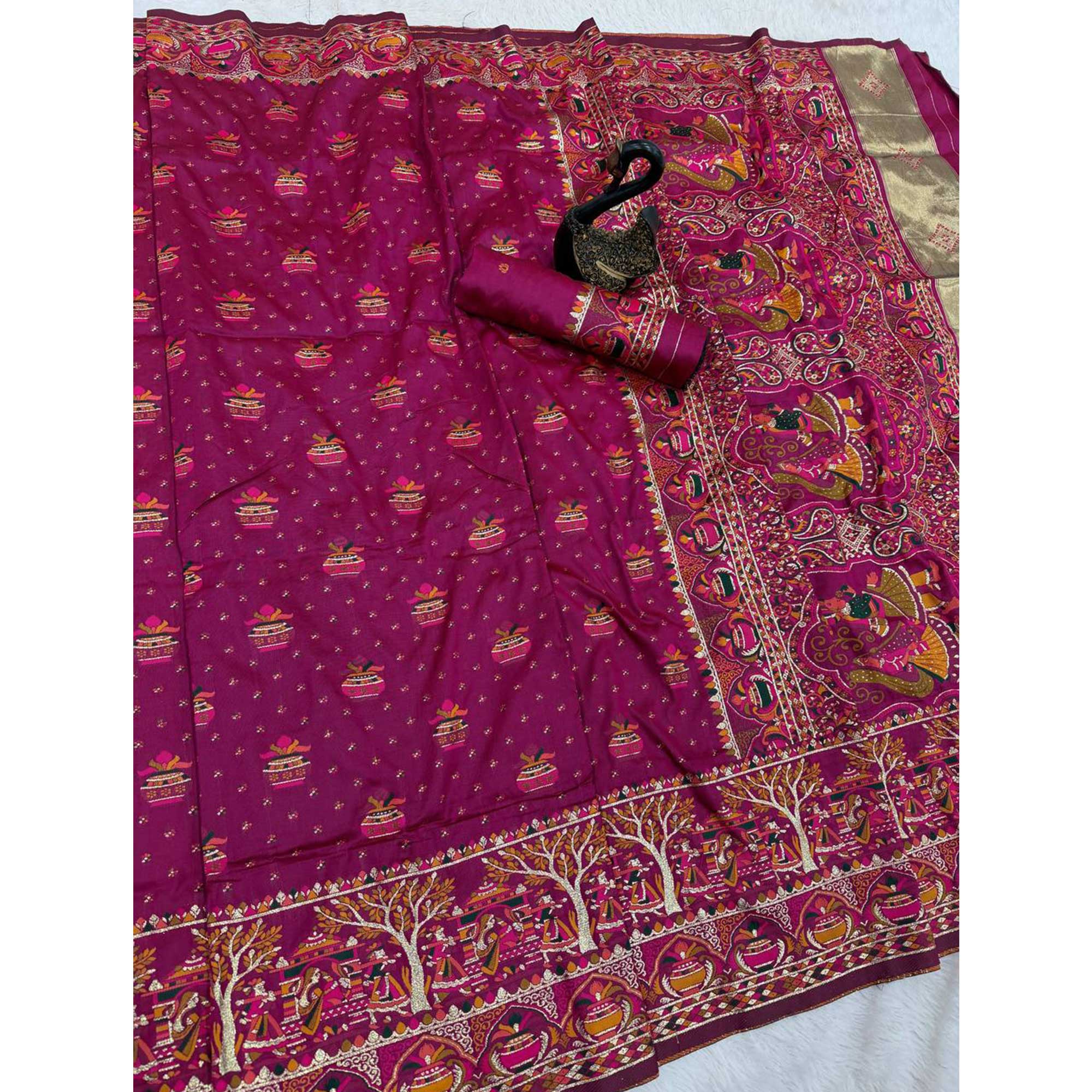Magenta Madhubani Inspired Weaving Pashmina Silk Saree Perfect for Refined Festive
