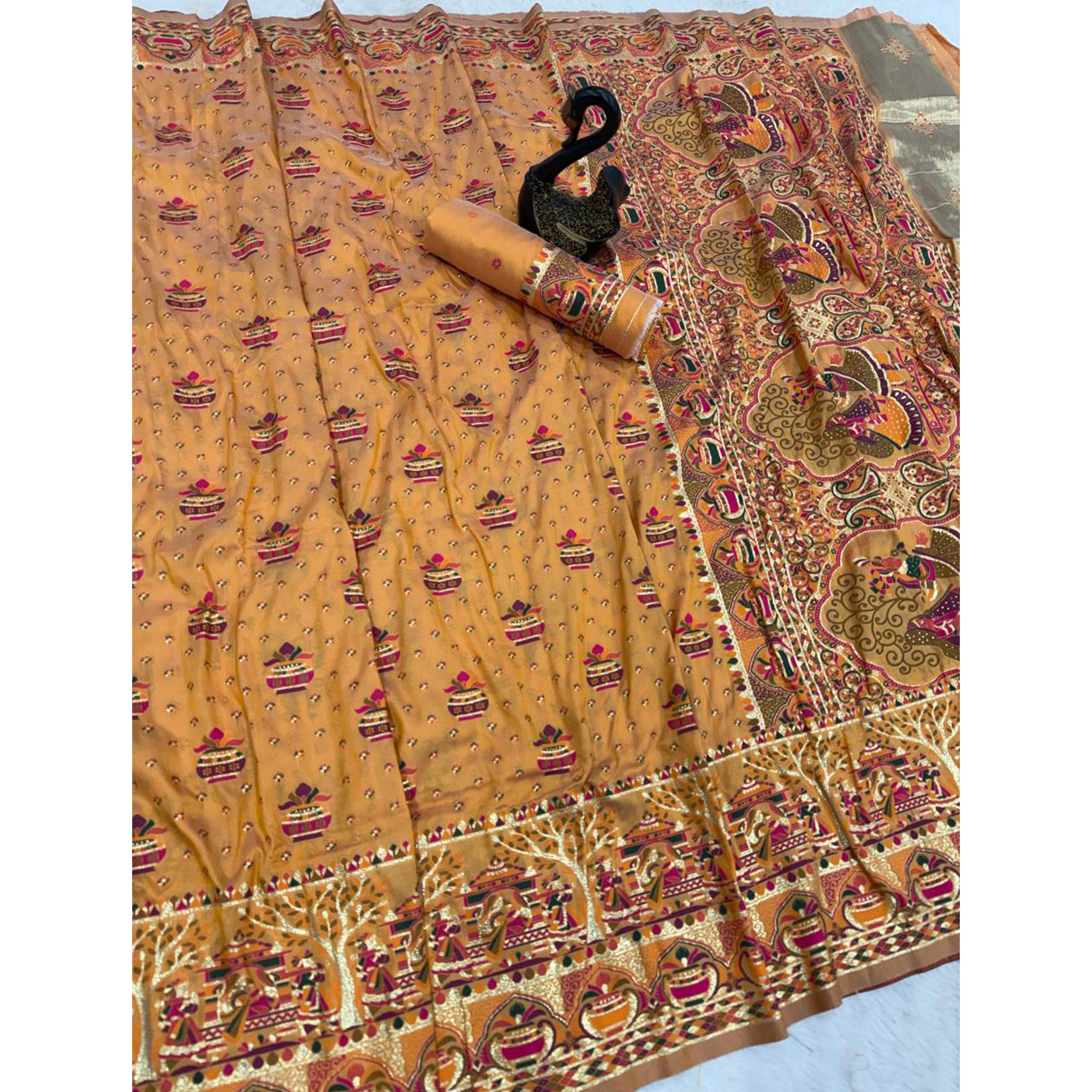Mustard Madhubani Inspired Weaving Pashmina Silk Saree Perfect for Refined Festive