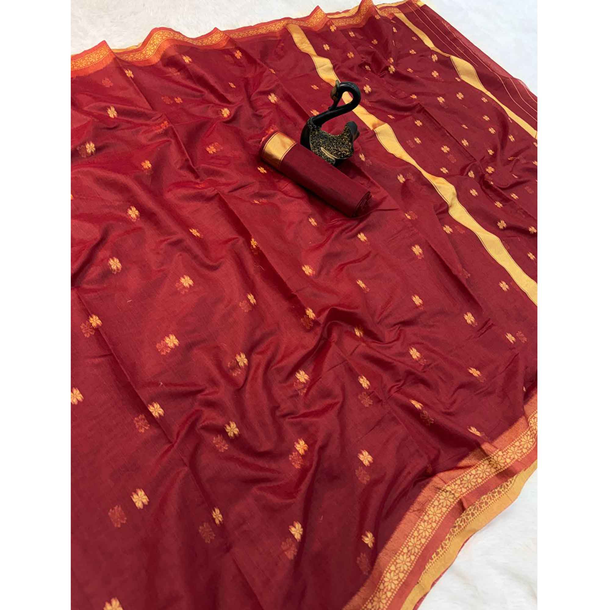 Maroon Classic Linen Cotton Saree Enhanced with Fine Zari Butti Weaving Detailing
