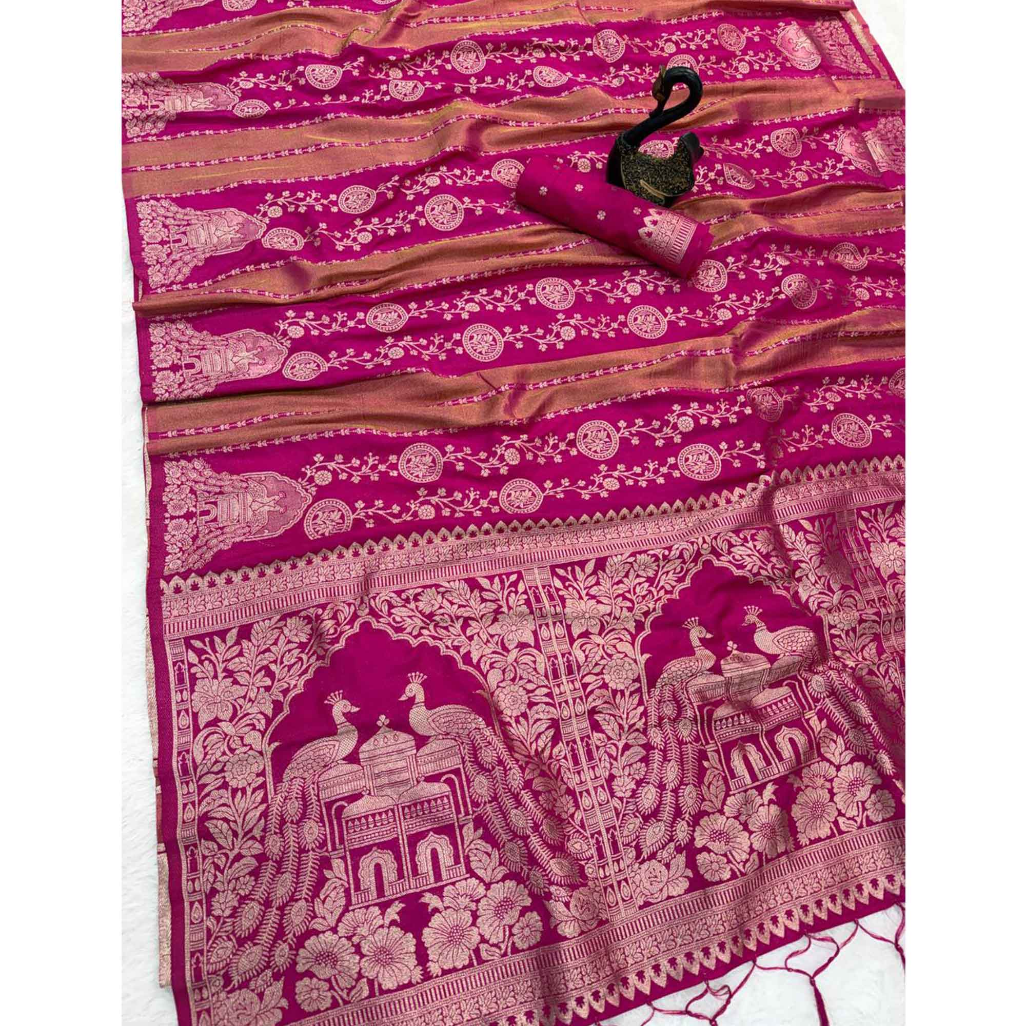 Pink Festive Wear Chinya Tissue Silk Saree Enhanced with Intricate Zari Weaving Detailing