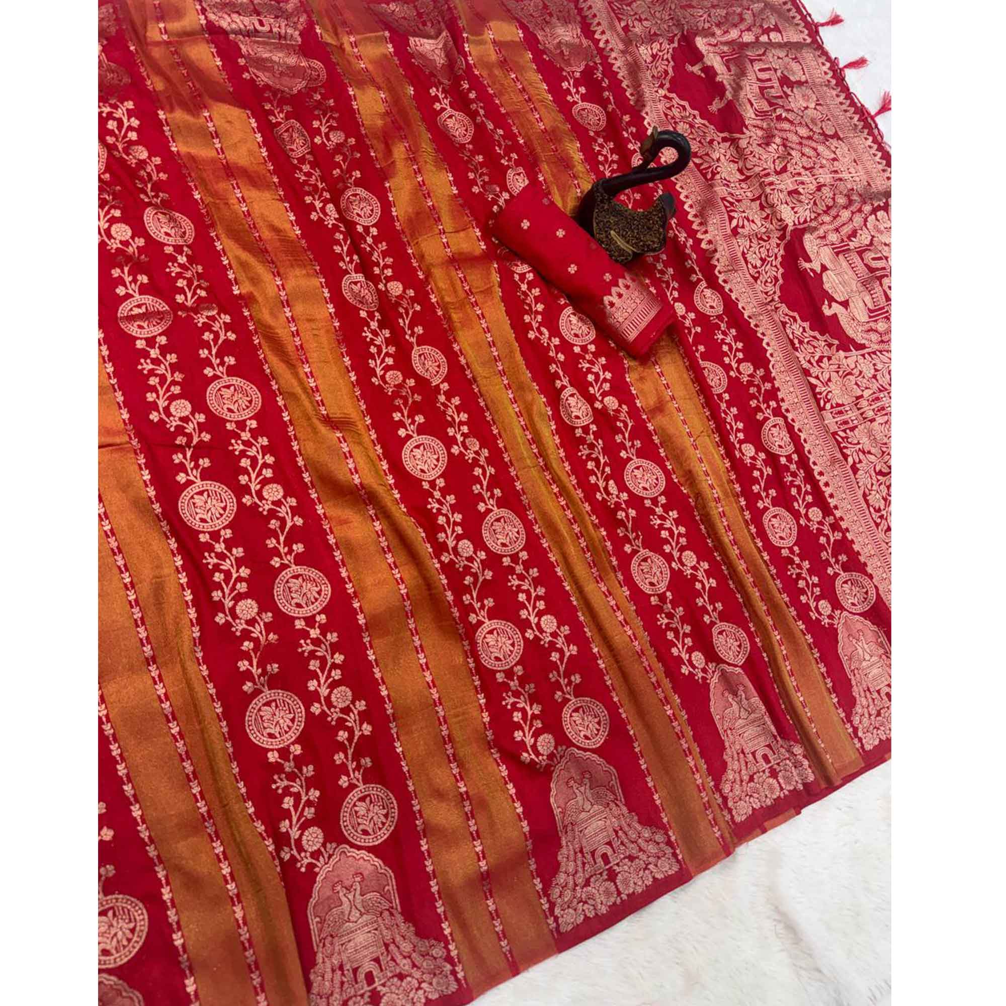 Red Festive Wear Chinya Tissue Silk Saree Enhanced with Intricate Zari Weaving Detailing