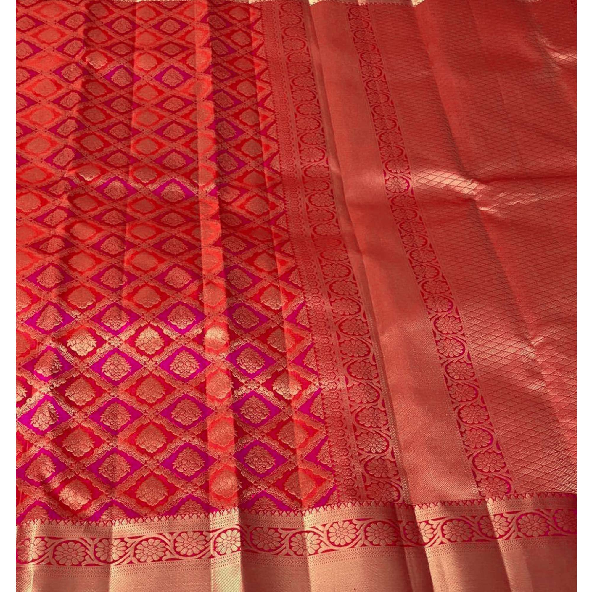 Rani Pink Floral Woven Lichi Banarasi Silk Saree