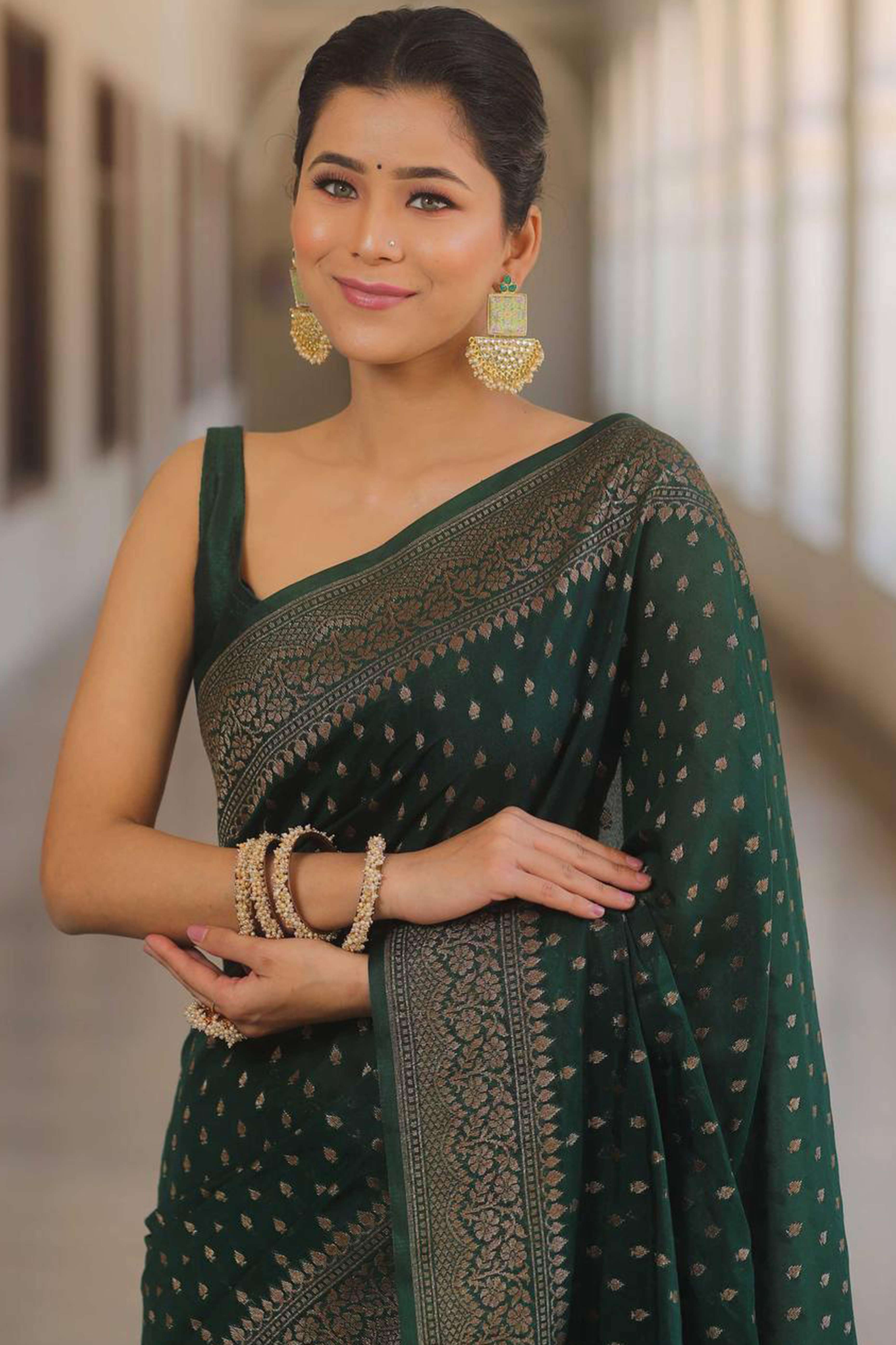 Green Floral Woven Lichi Banarasi Silk Saree