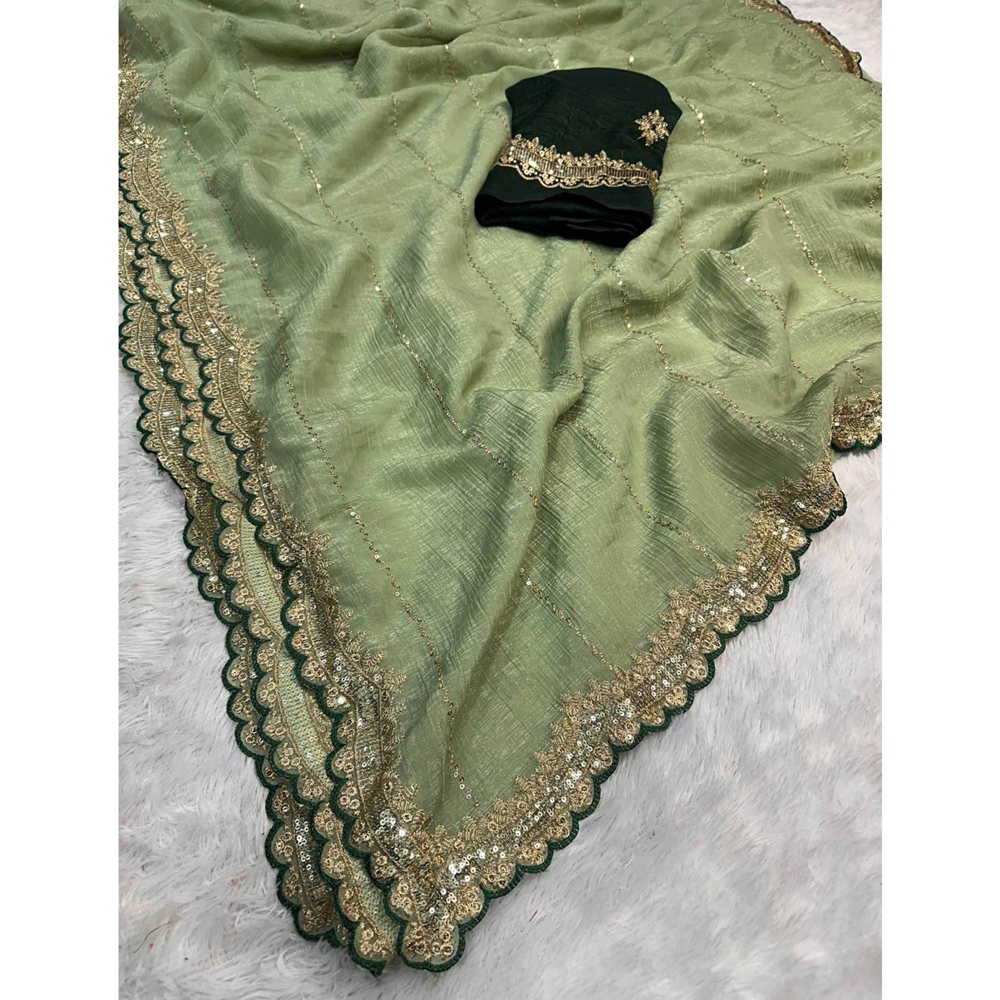 Green Sequins Embroidered Tussar silk Saree