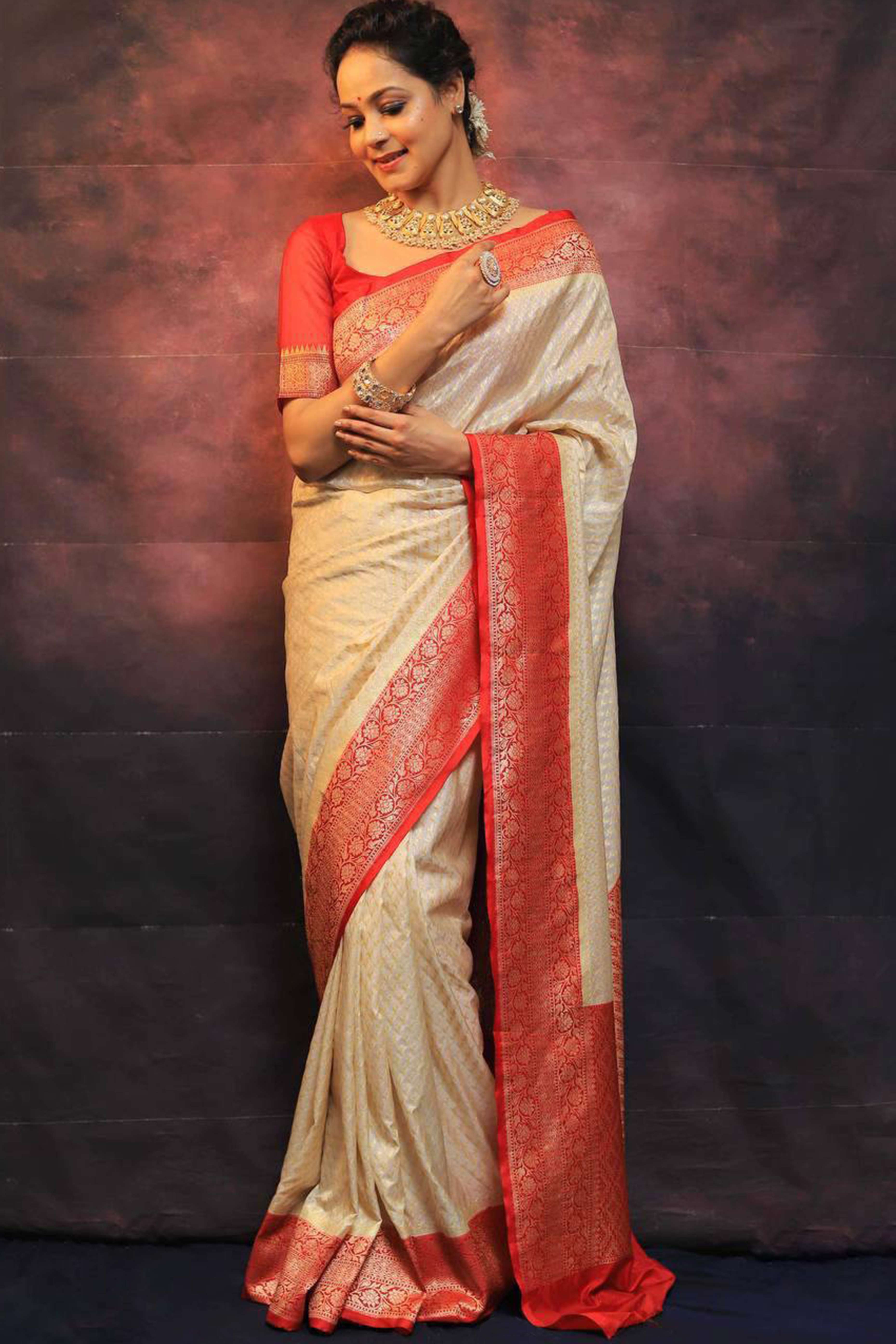 Cream & Red Woven Lichi Banarasi Silk Saree