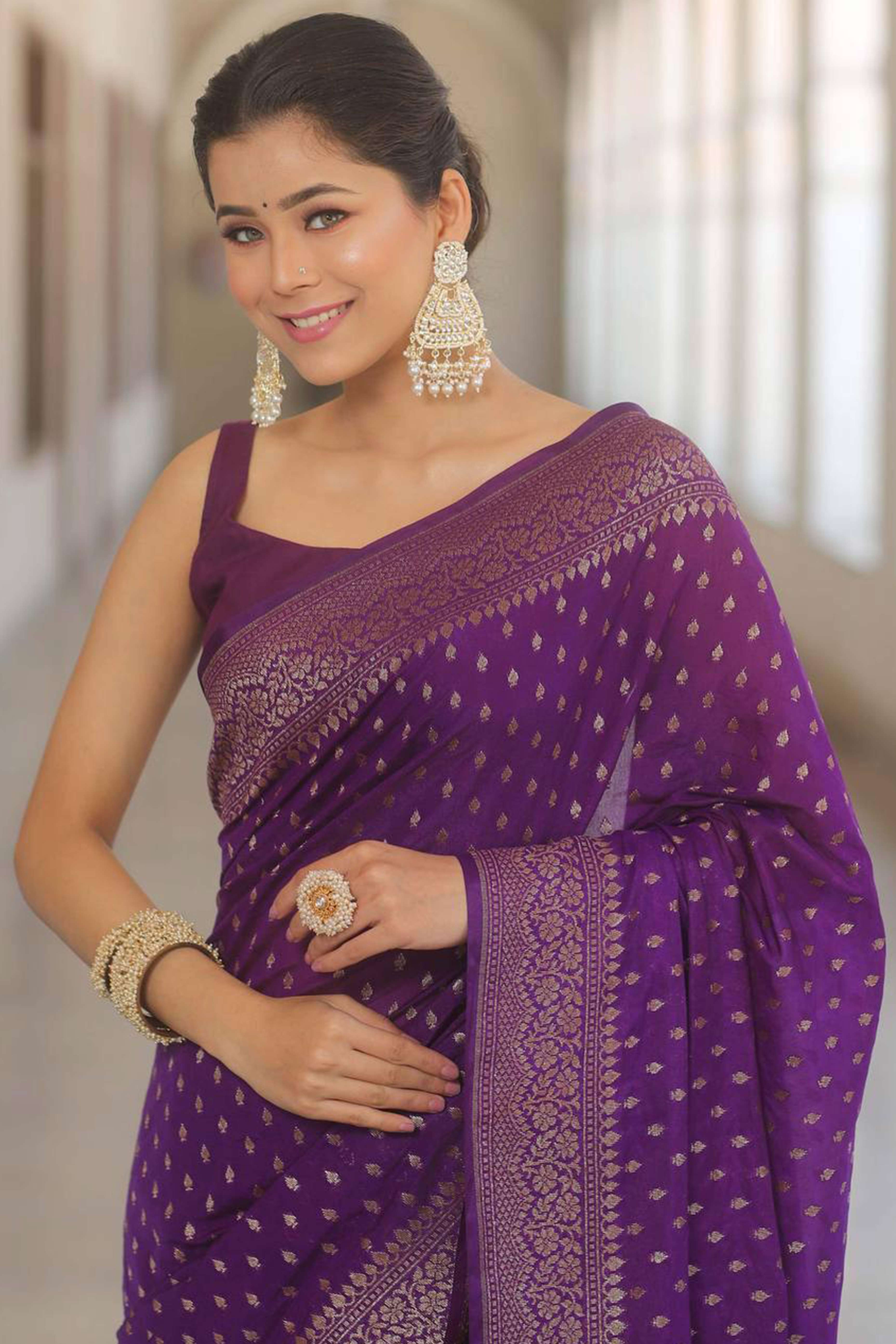 Violet  Floral Woven Lichi Banarasi Silk Saree