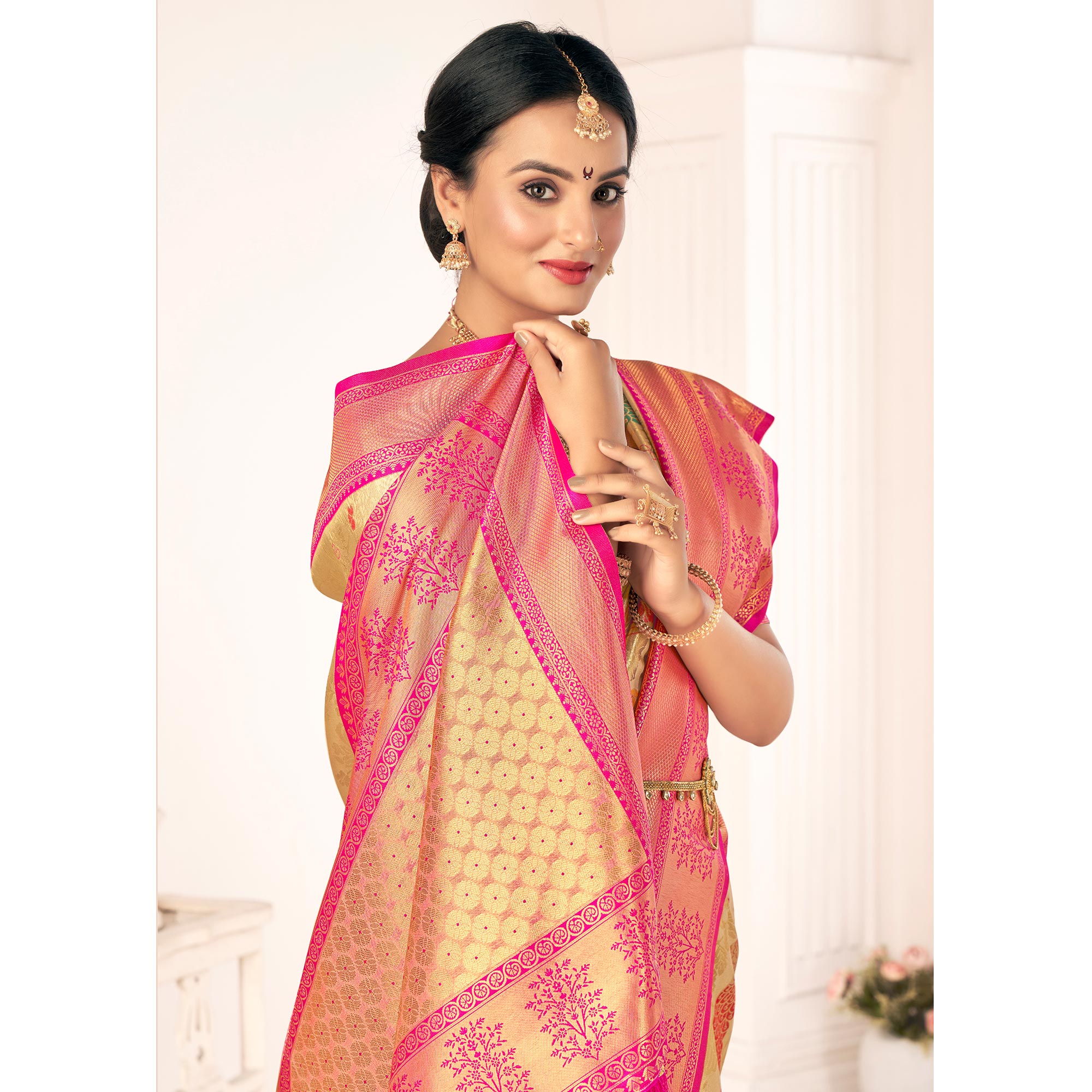 Beige Woven Pure Silk Saree With Tassels