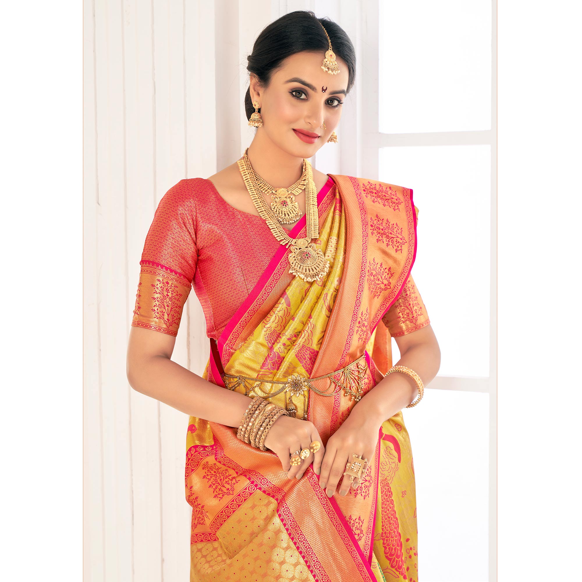 Yellow Woven Pure Silk Saree With Tassels