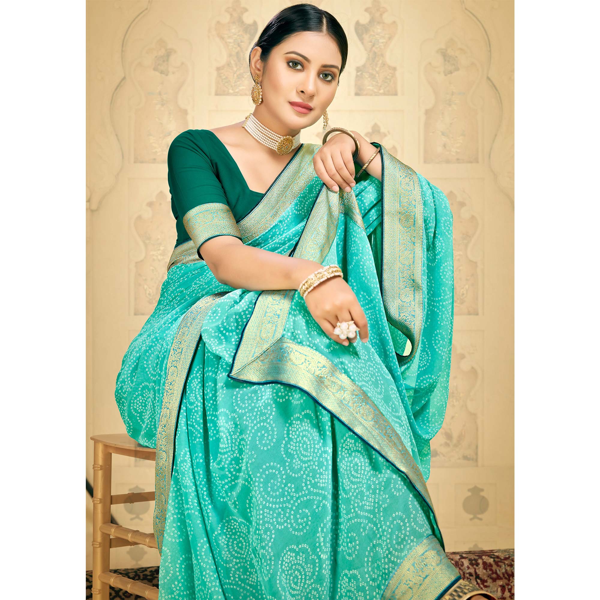 Turquoise Bandhani Printed Georgette Saree