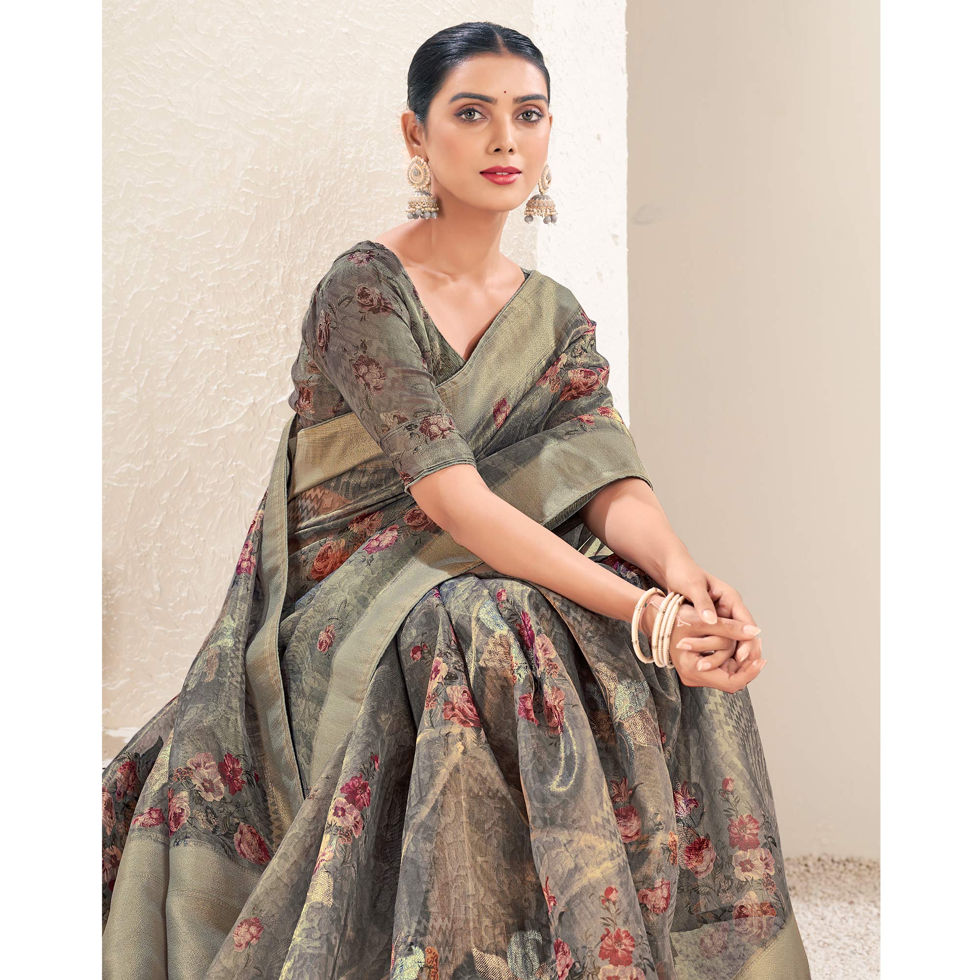 Grey Floral Digital Printed Tissue Saree With Tassels