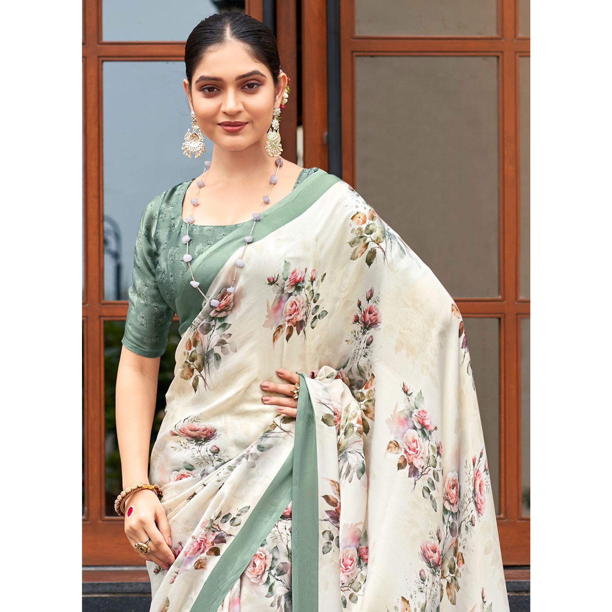 White Floral Digital Printed Satin Saree