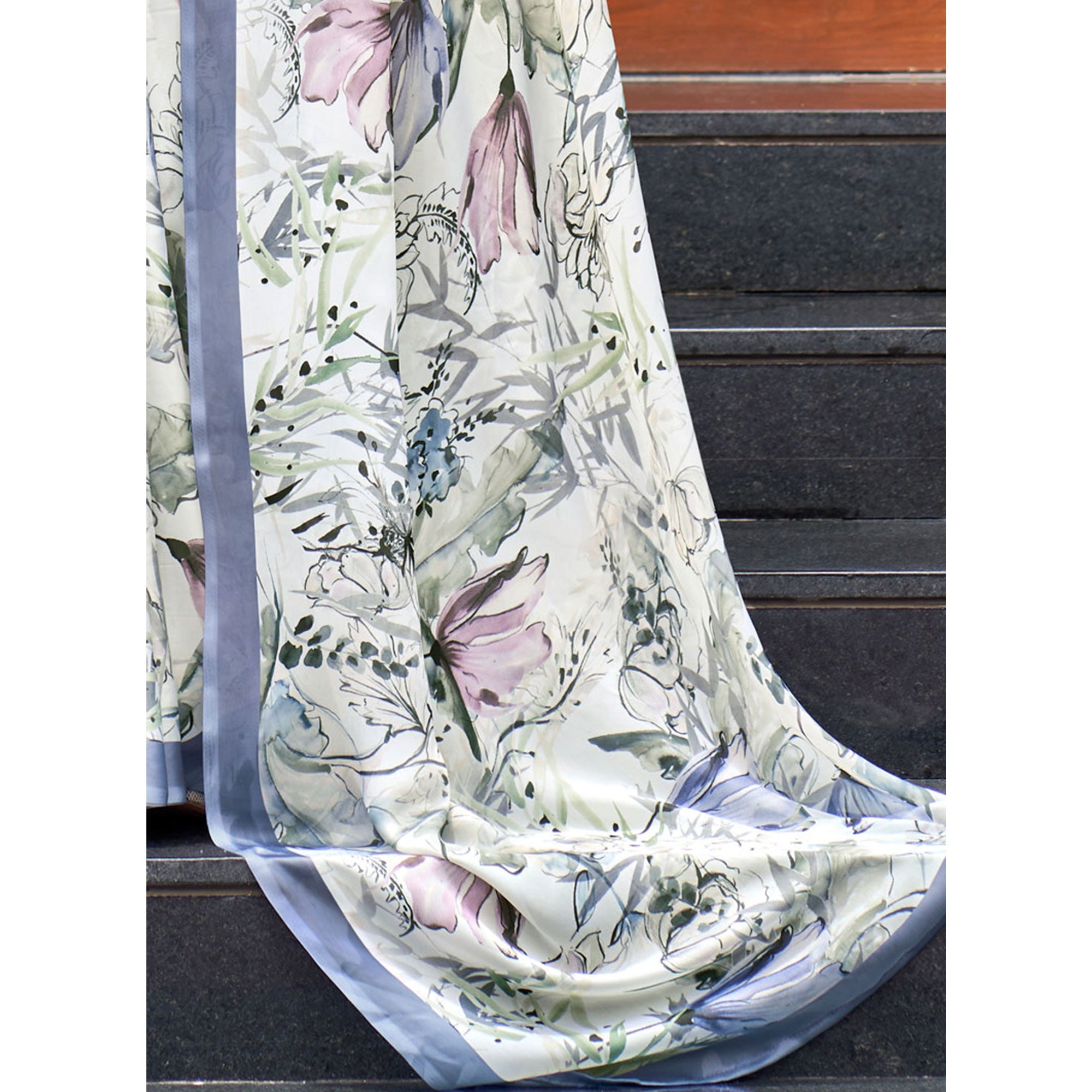 White Floral Digital Printed Satin Saree
