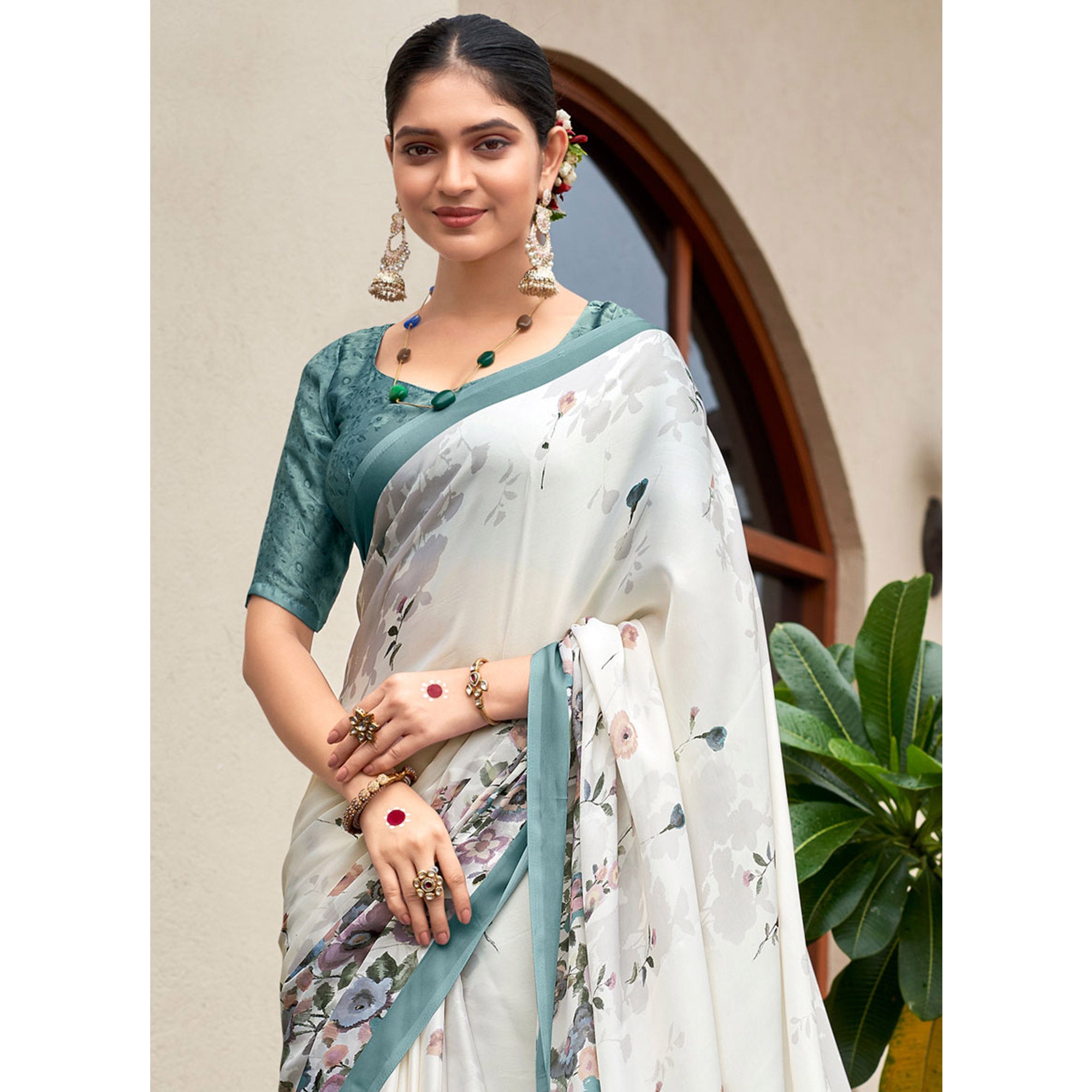 White Floral Digital Printed Satin Saree