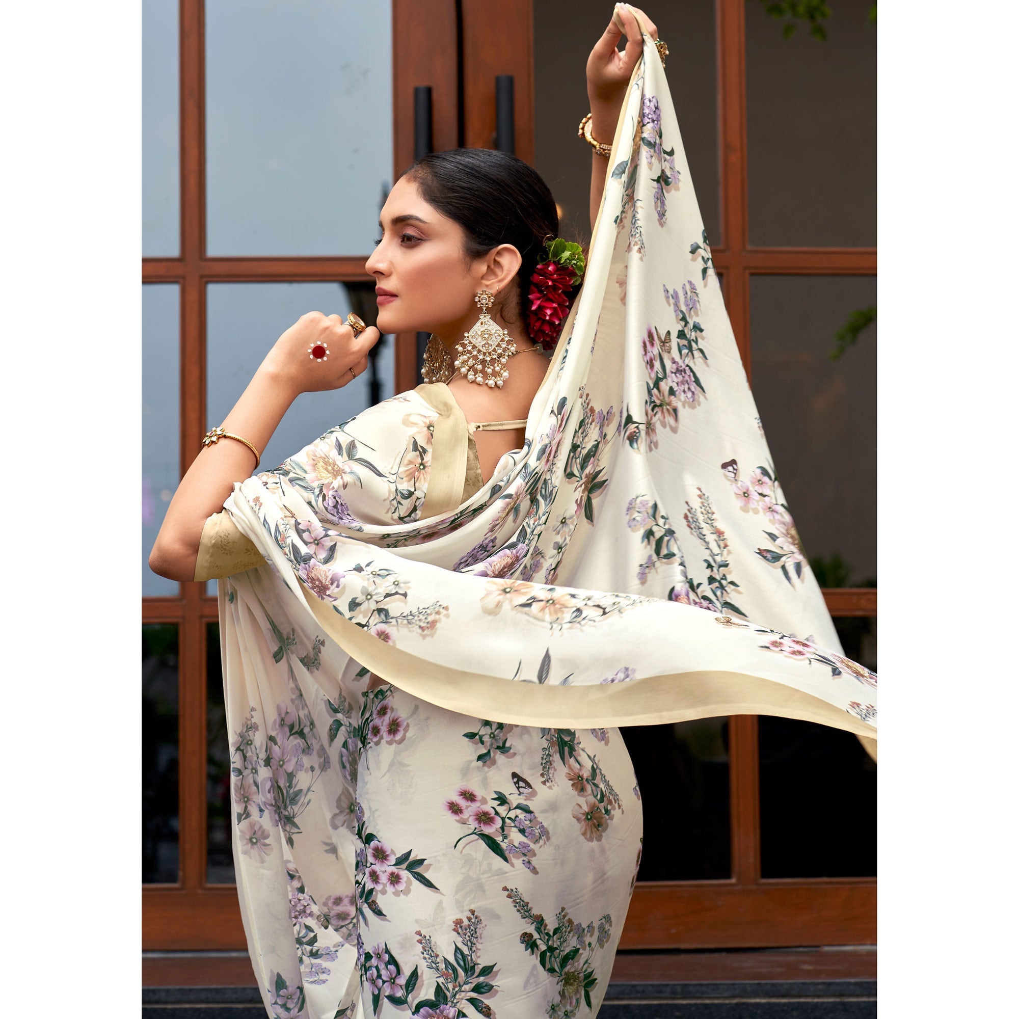 White Floral Digital Printed Satin Saree
