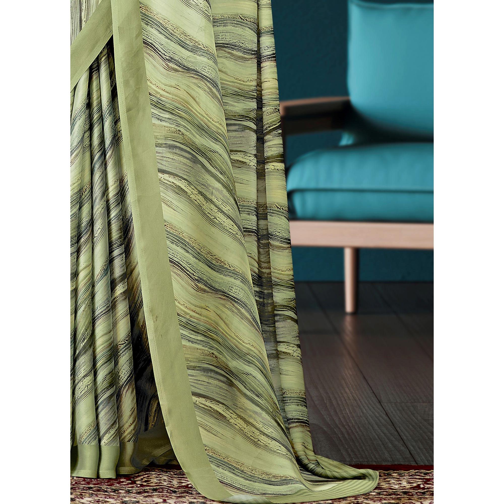 Green Digital Printed Satin Saree
