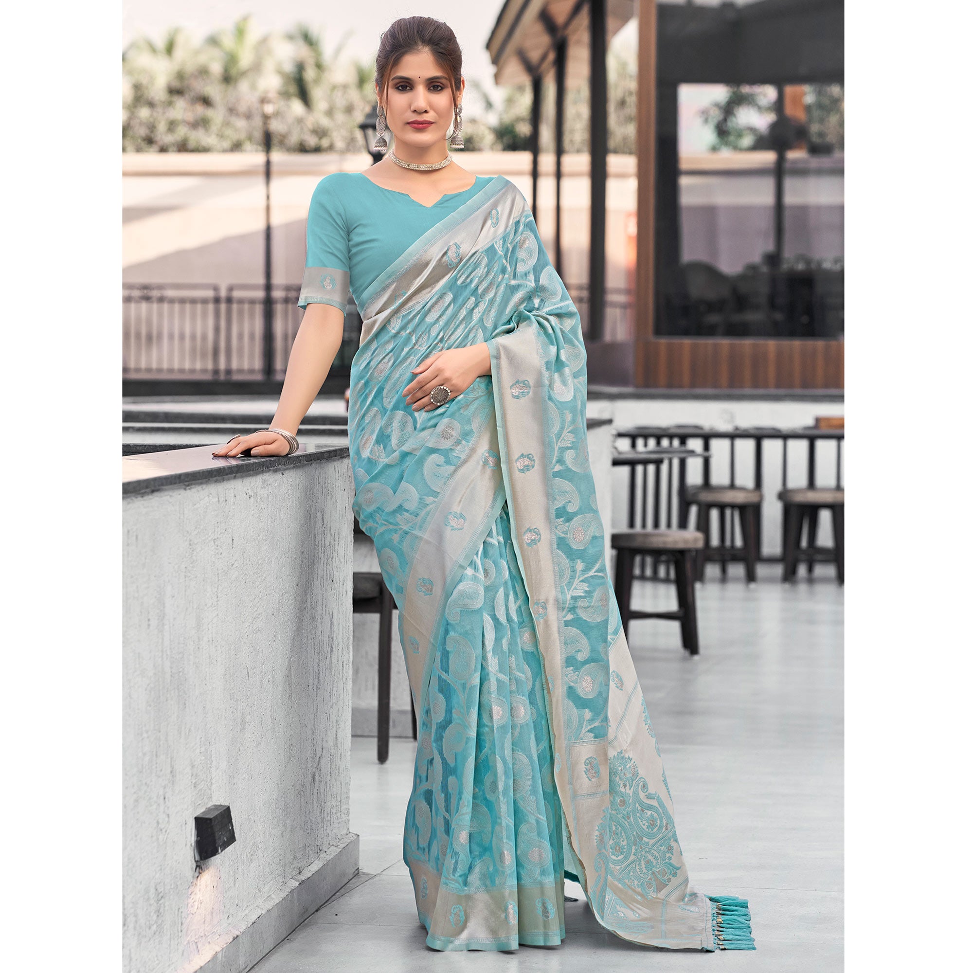 Blue Woven Cotton Silk Saree With Tassels