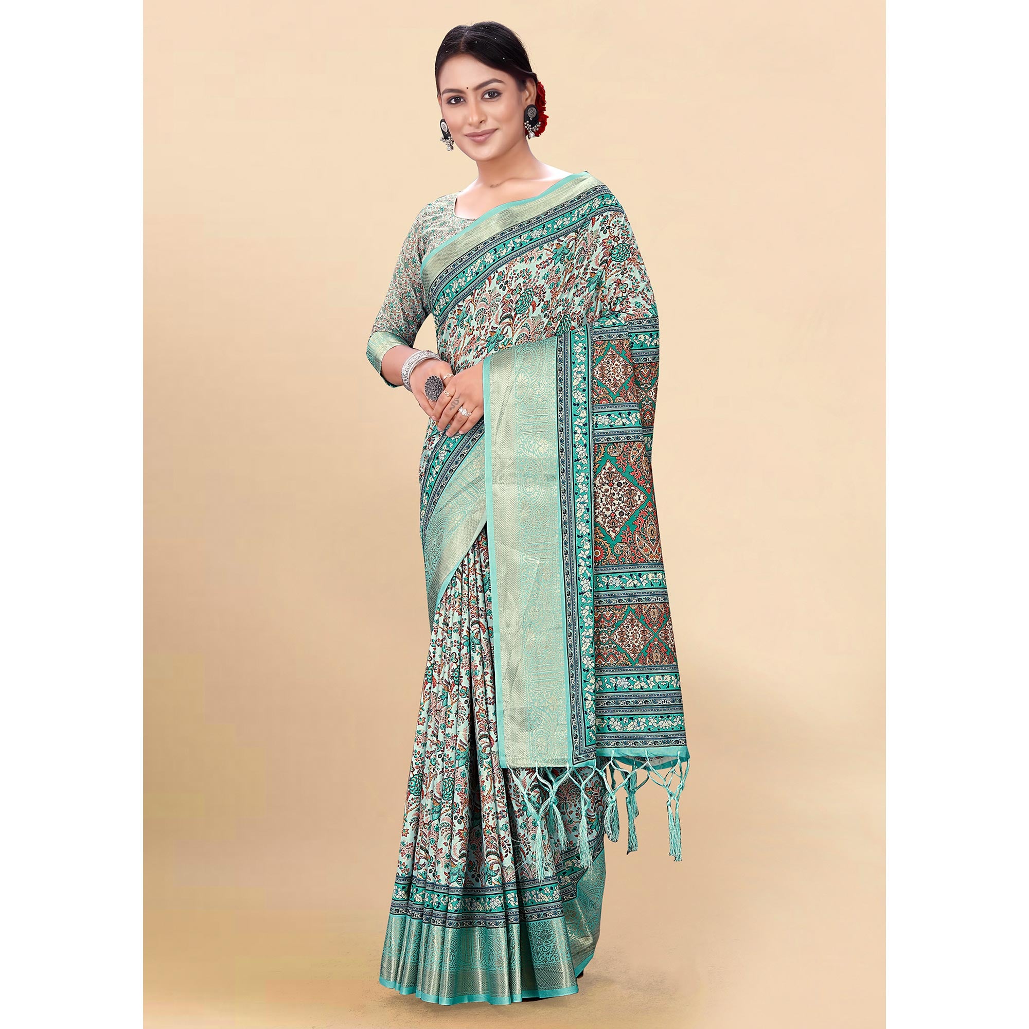 Blue Floral Digital Printed Pure Cotton Saree