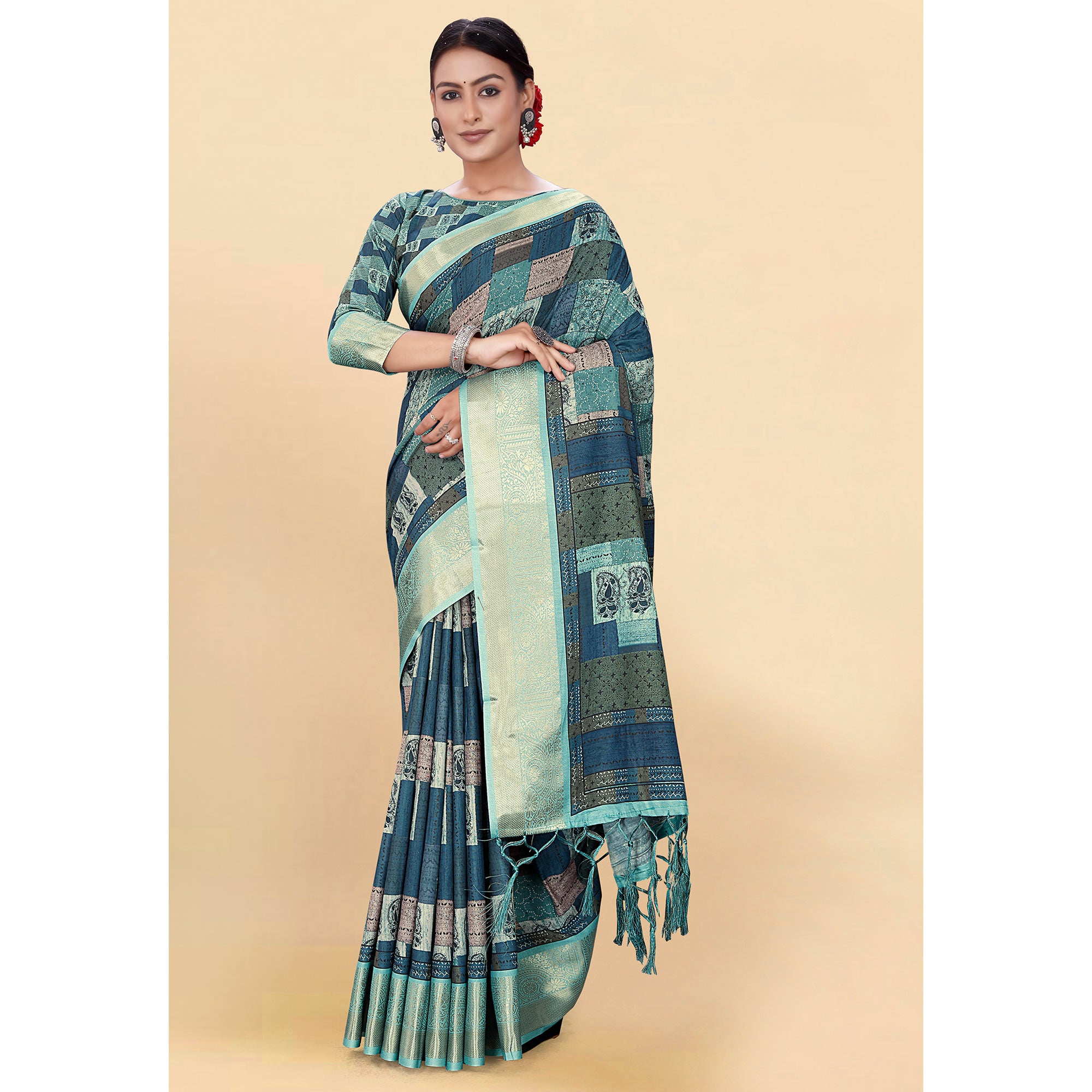 Blue Digital Printed Pure Cotton Saree