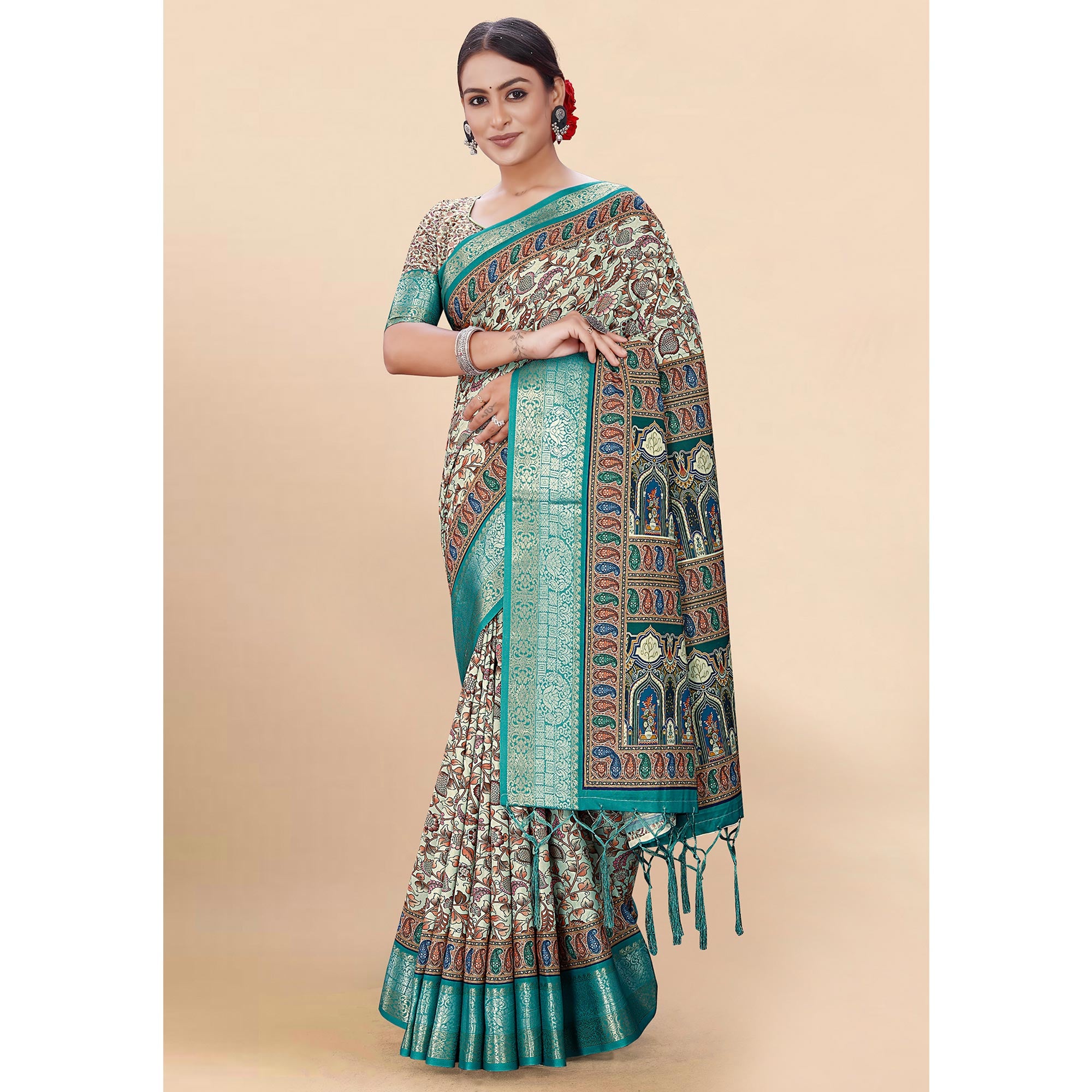 Blue Floral Digital Printed Pure Cotton Saree