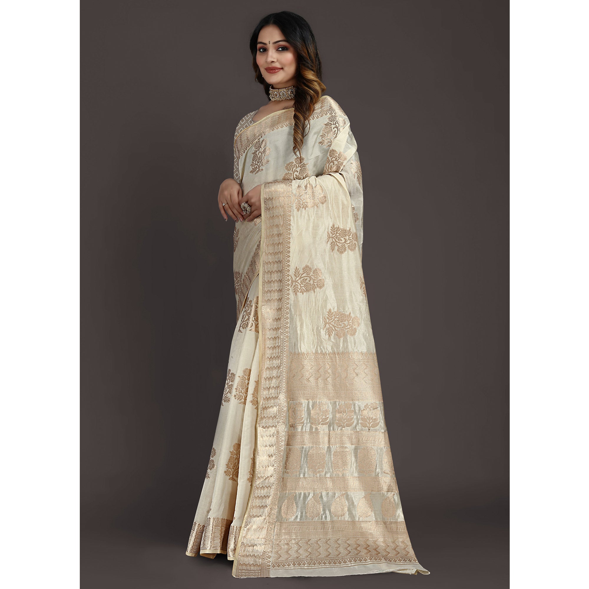 Cream Floral Woven Raw Silk Saree
