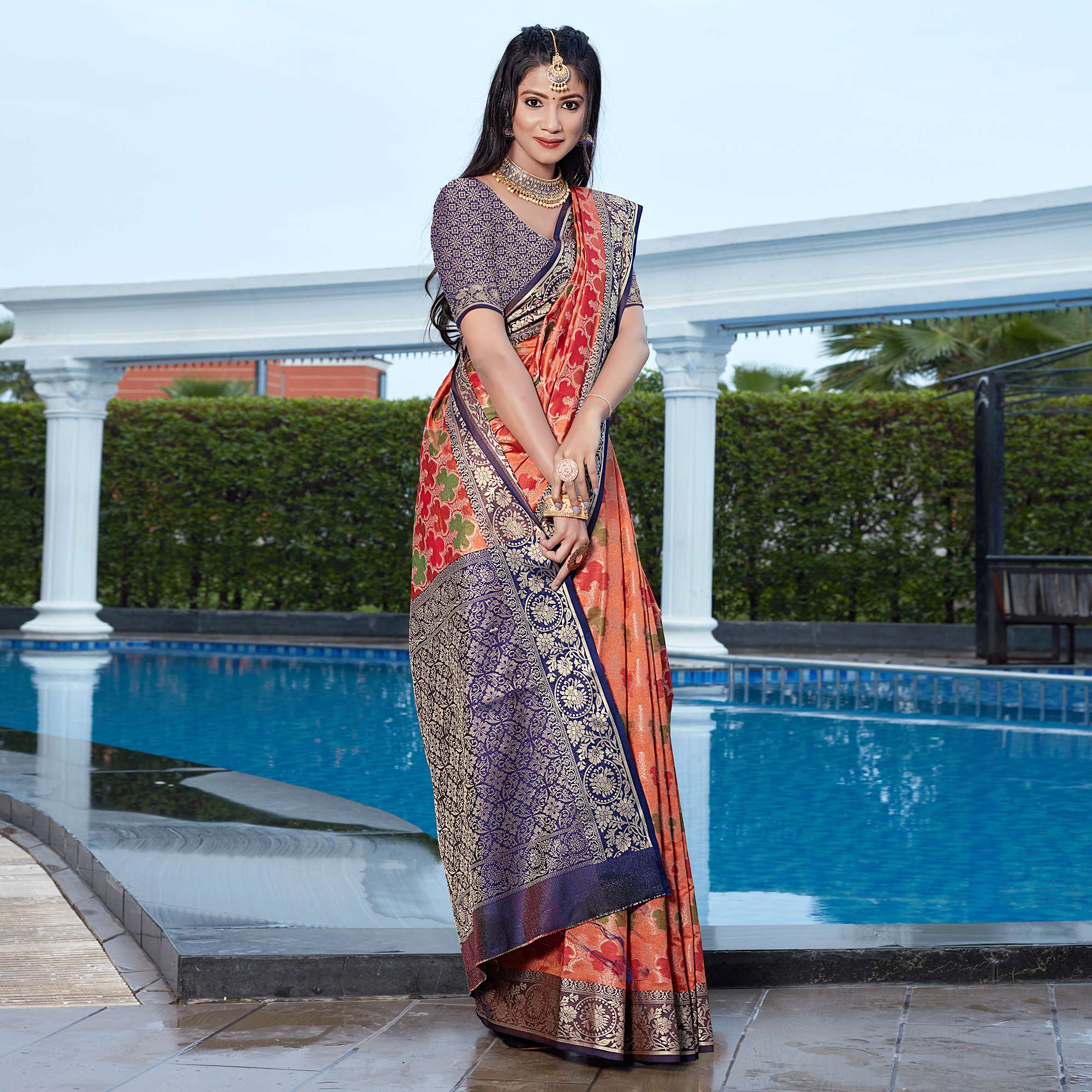 Peach Floral Woven Art Silk Saree