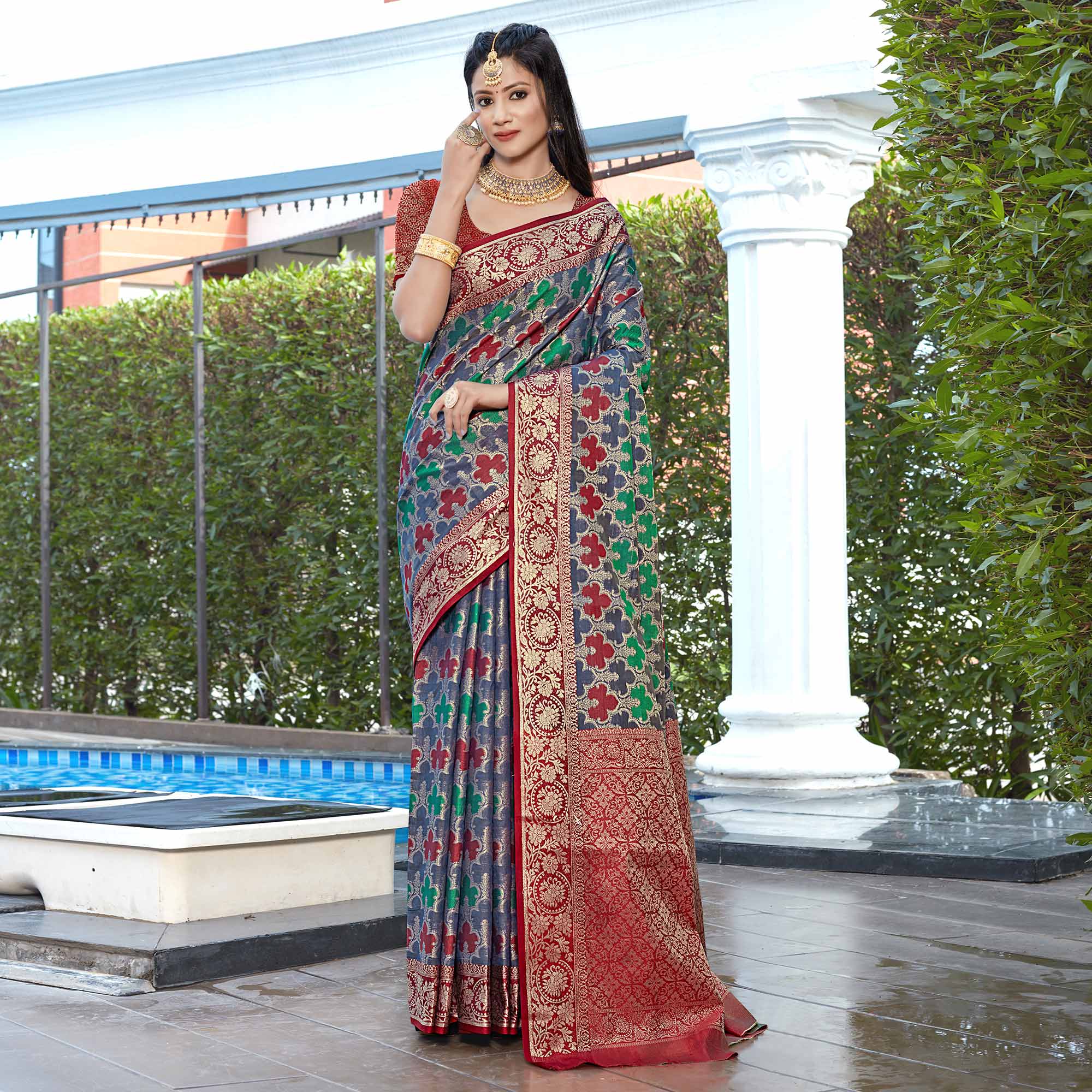 Blue Floral Woven Art Silk Saree