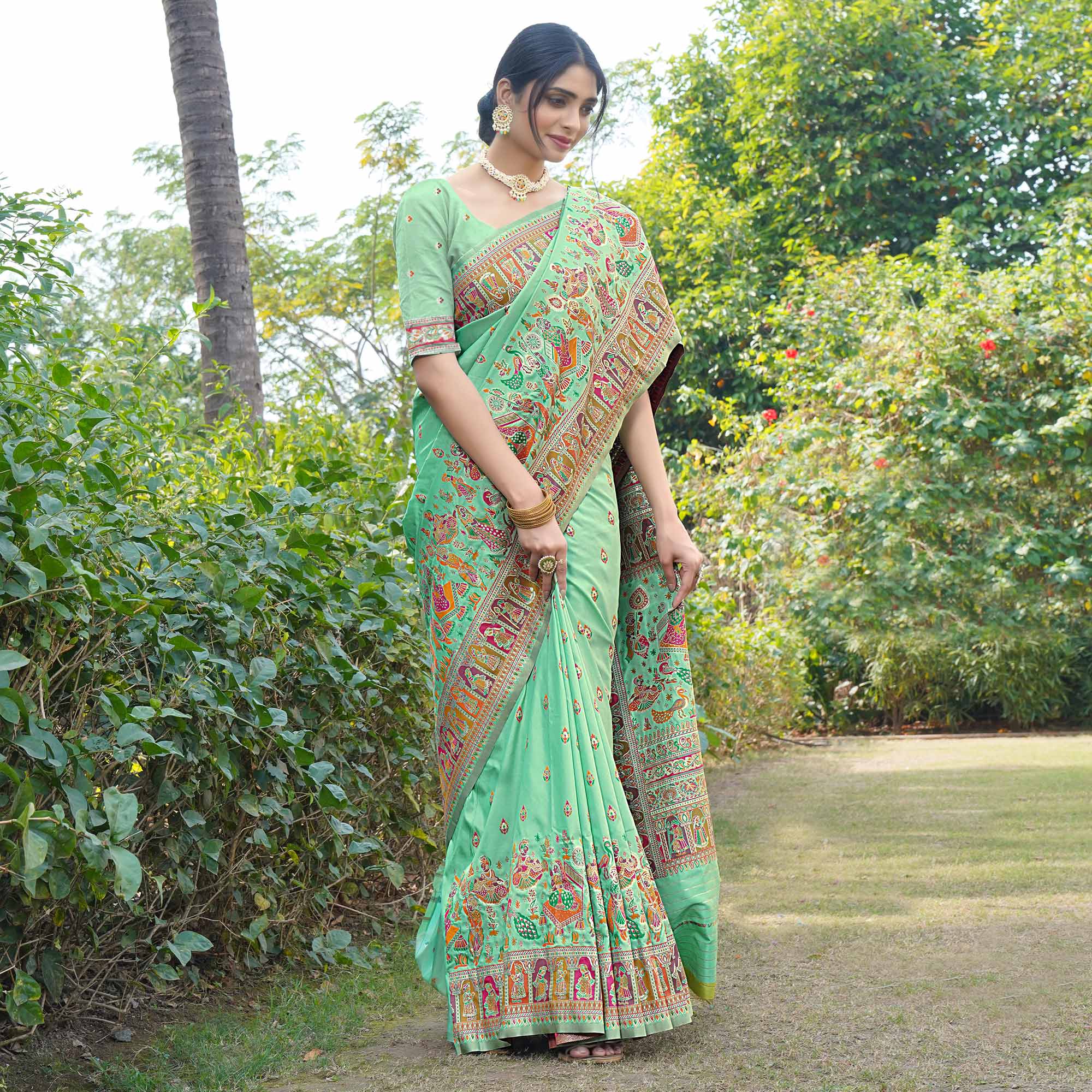 Sea Green Woven Pure Silk Saree