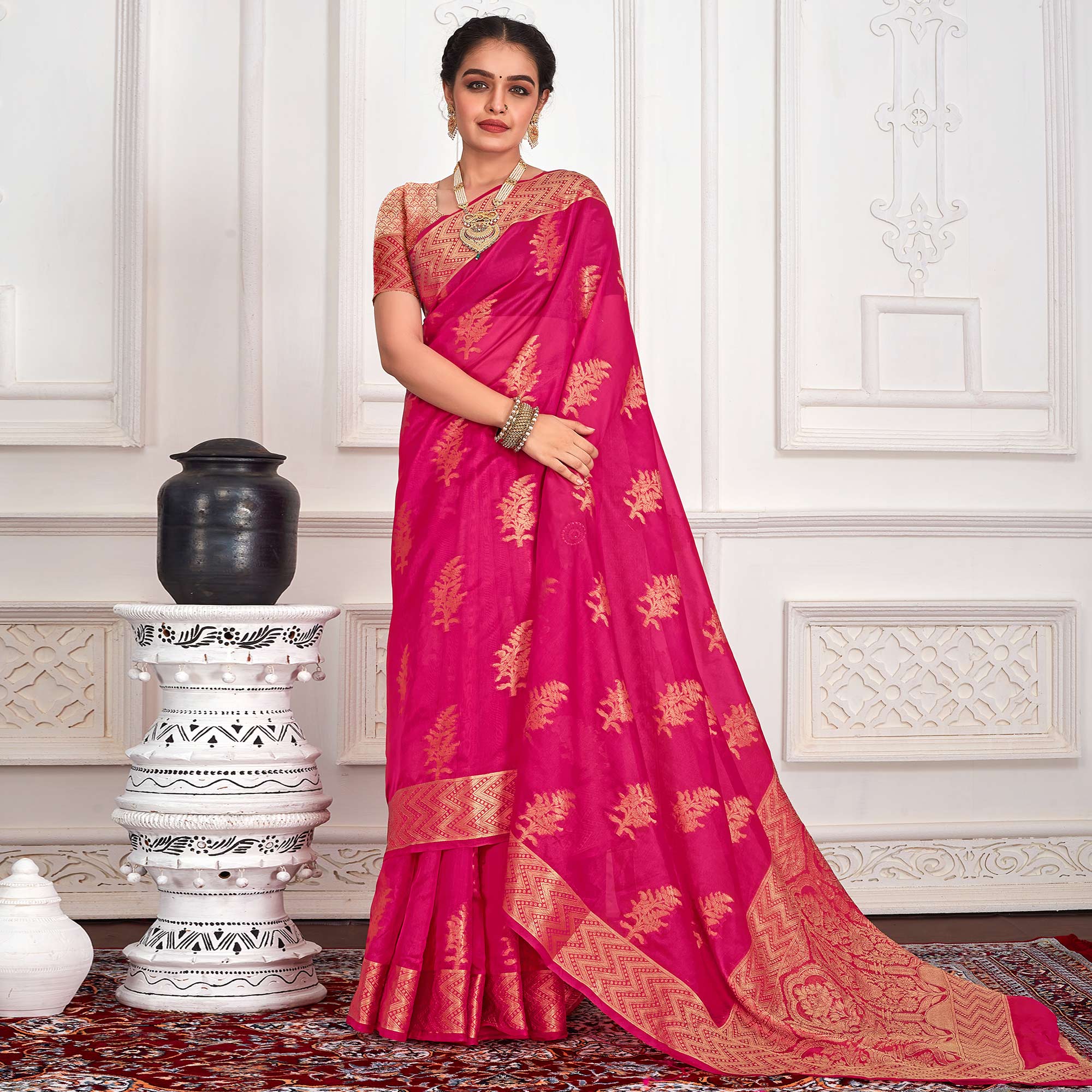 Rani Pink Floral Woven Organza Saree