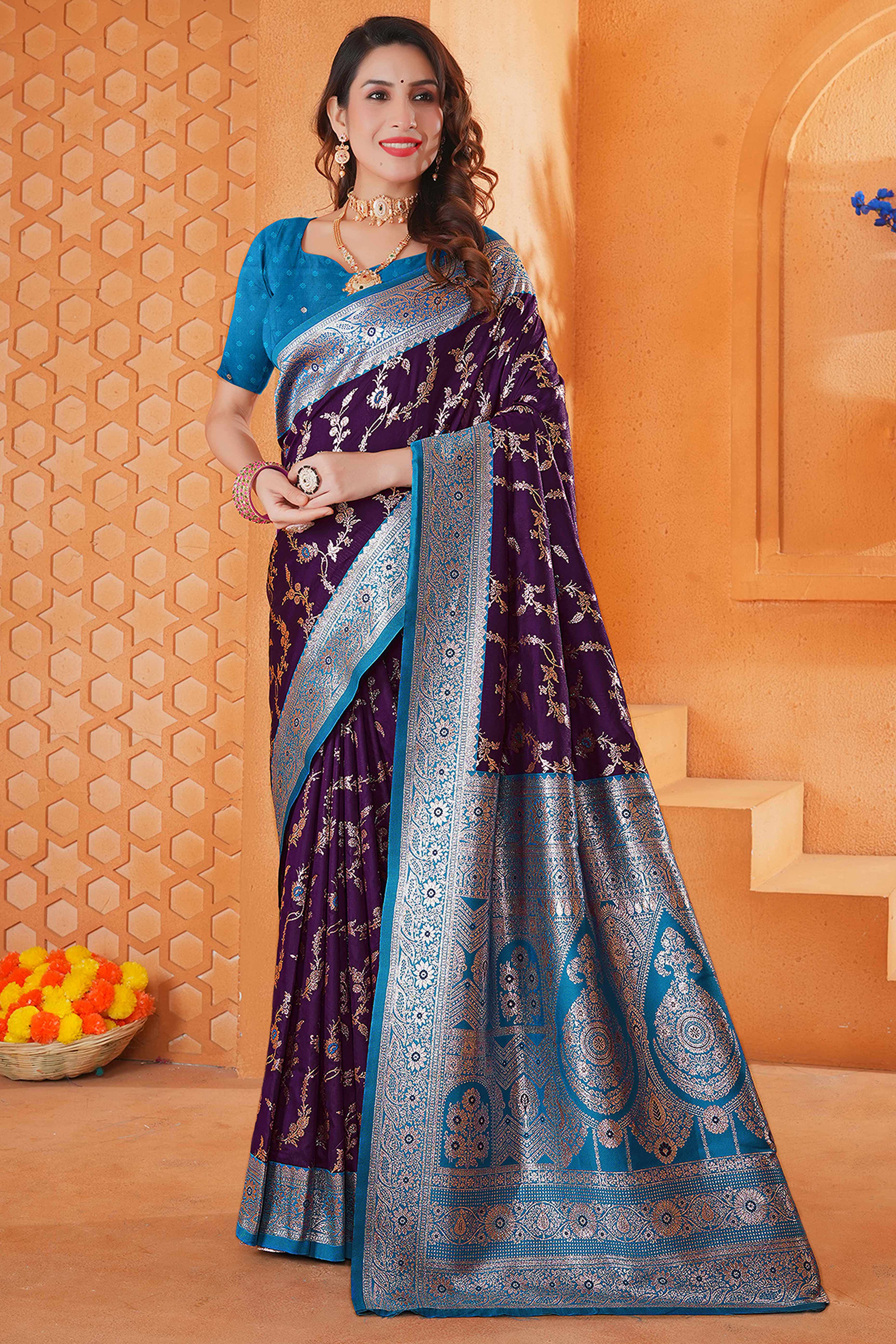 Dark Purple Art Silk Saree With Intricate Floral Banarasi Zari Weaving