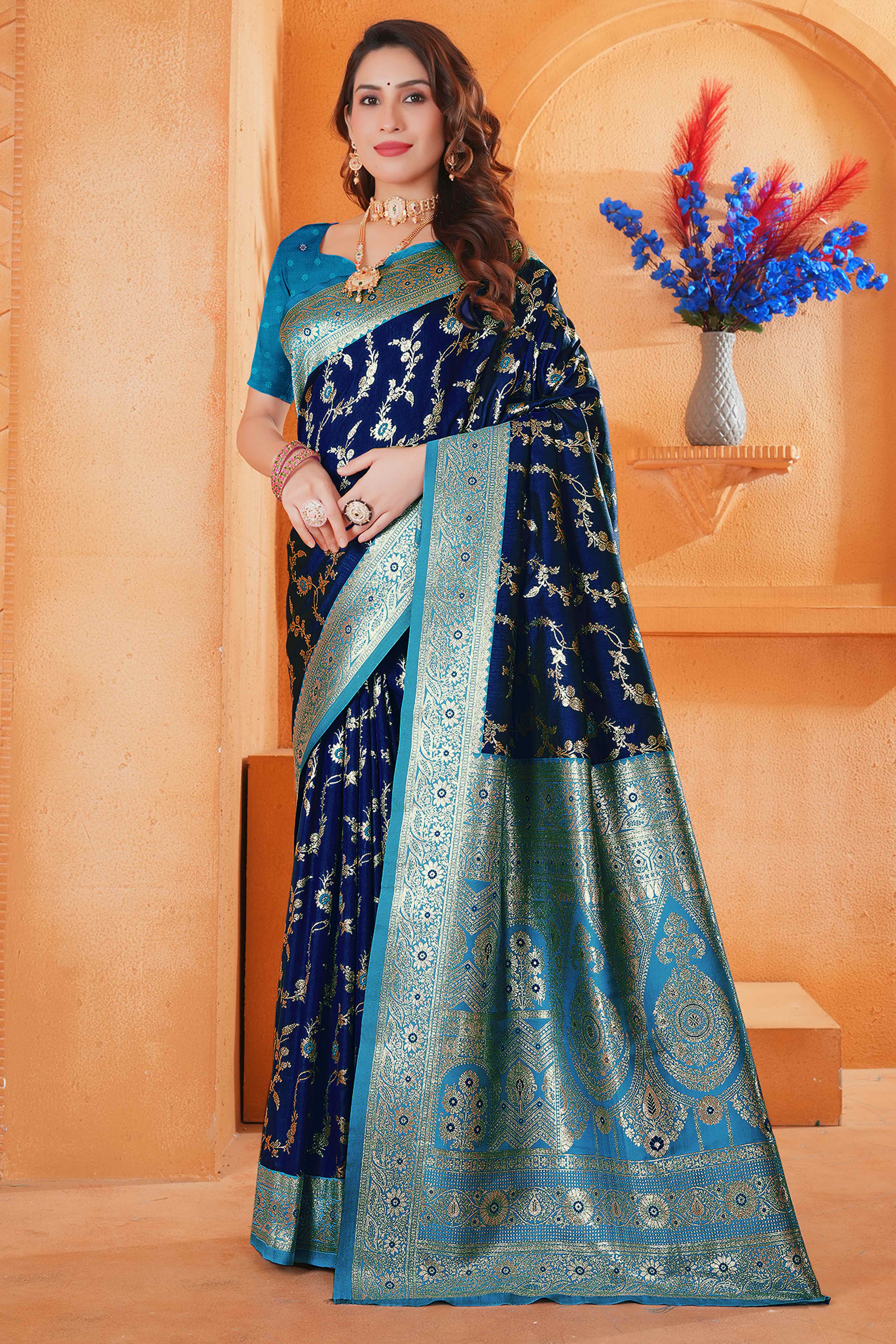 Navy Blue Art Silk Saree With Intricate Floral Banarasi Zari Weaving
