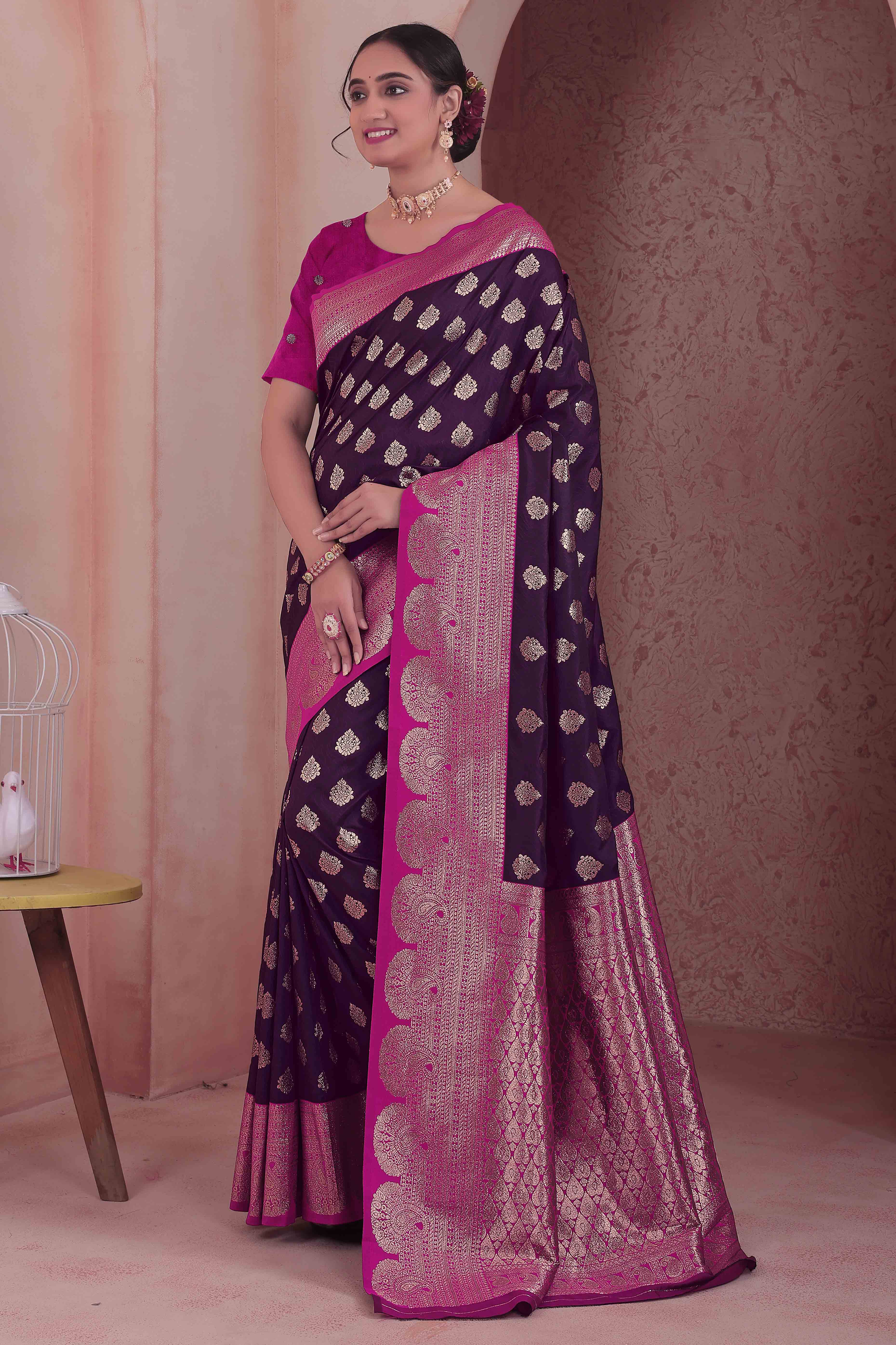 Refreshing Zari Woven Dark Wine Art Silk Saree Accented With A Heritage Banarasi Pallu