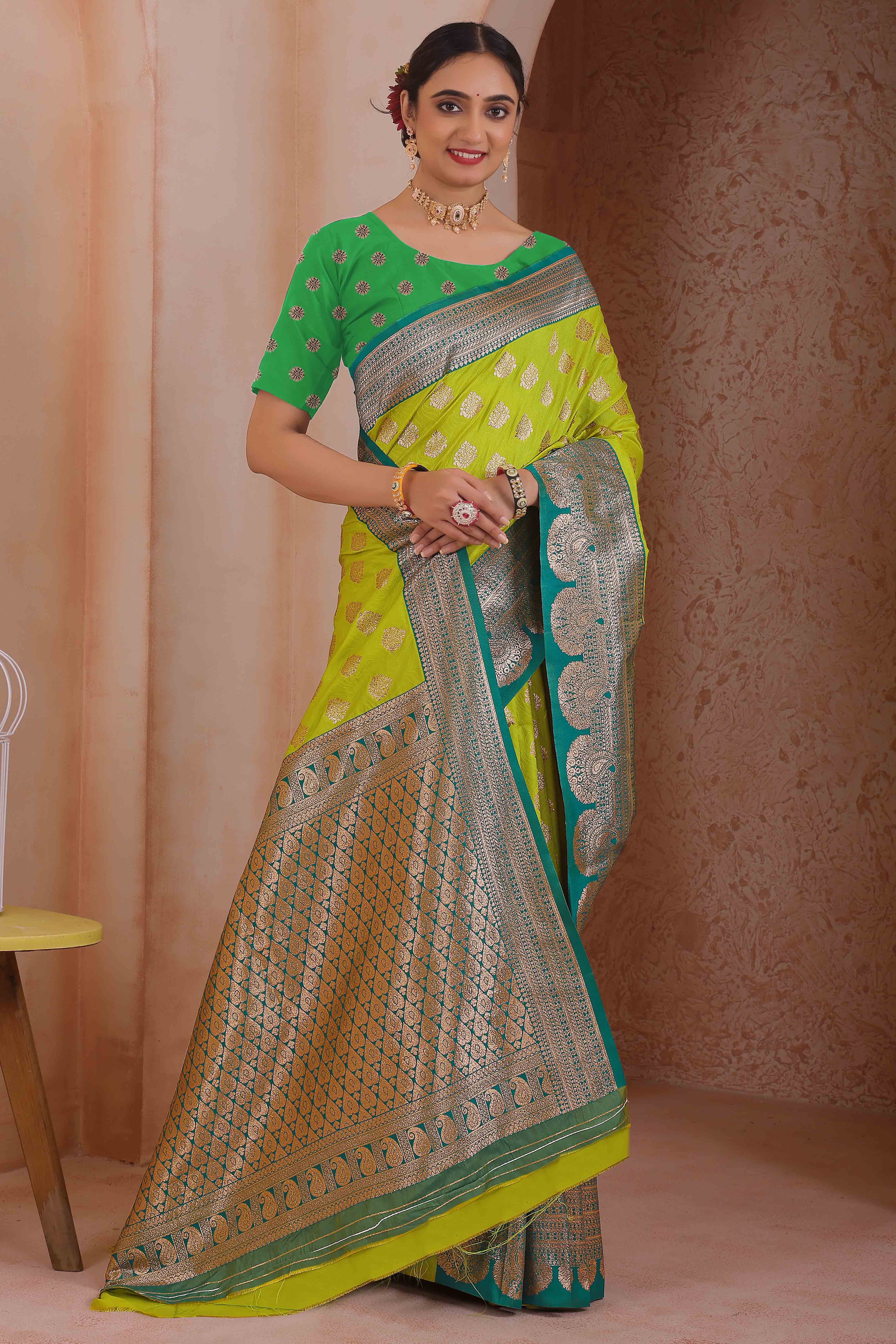 Stunning Zari Woven Parrot Green Art Silk Saree Accented With A Heritage Banarasi Pallu