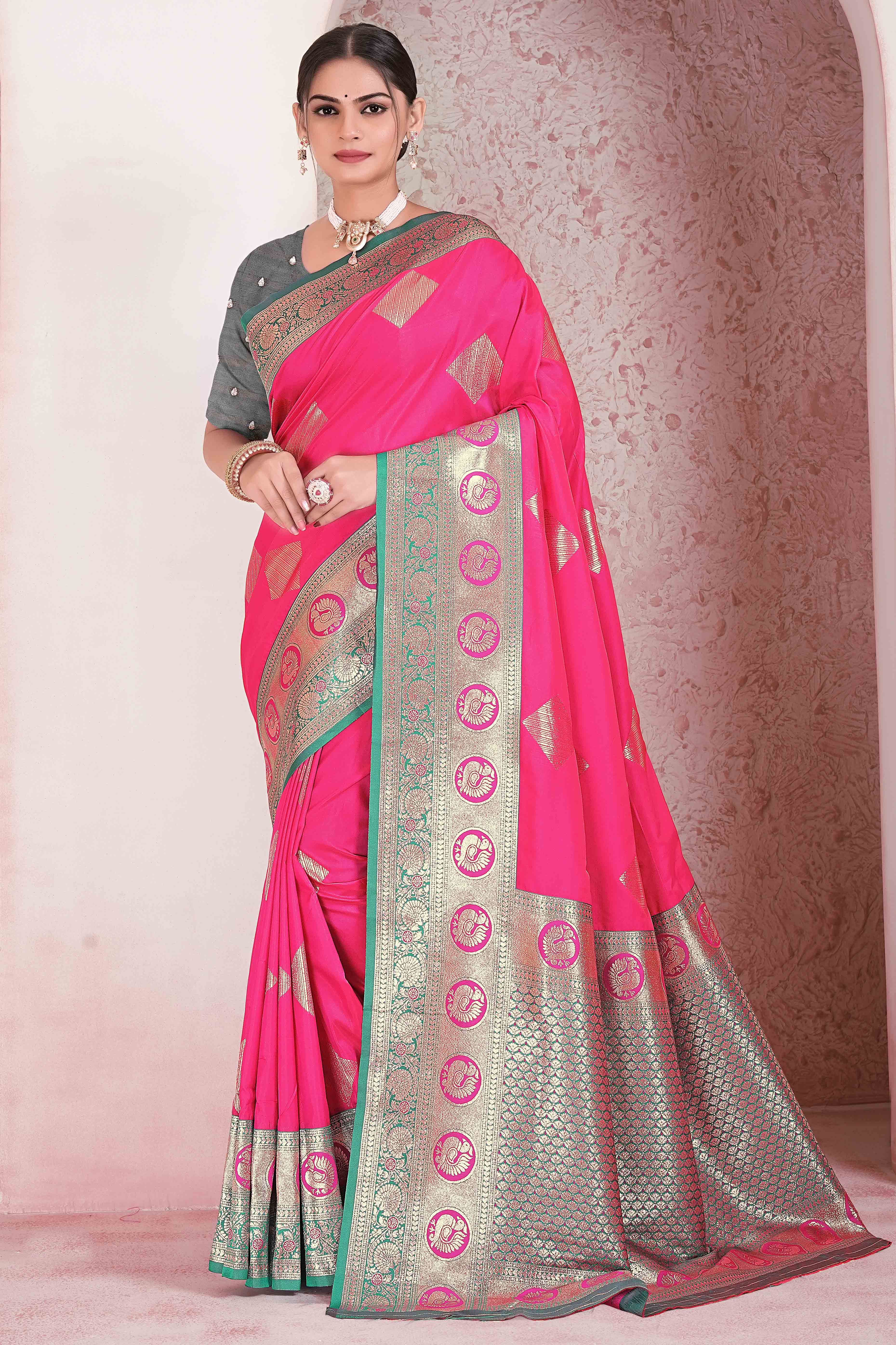 Pink Zari Woven Art Silk Saree With Opulent Banarasi Pallu Work