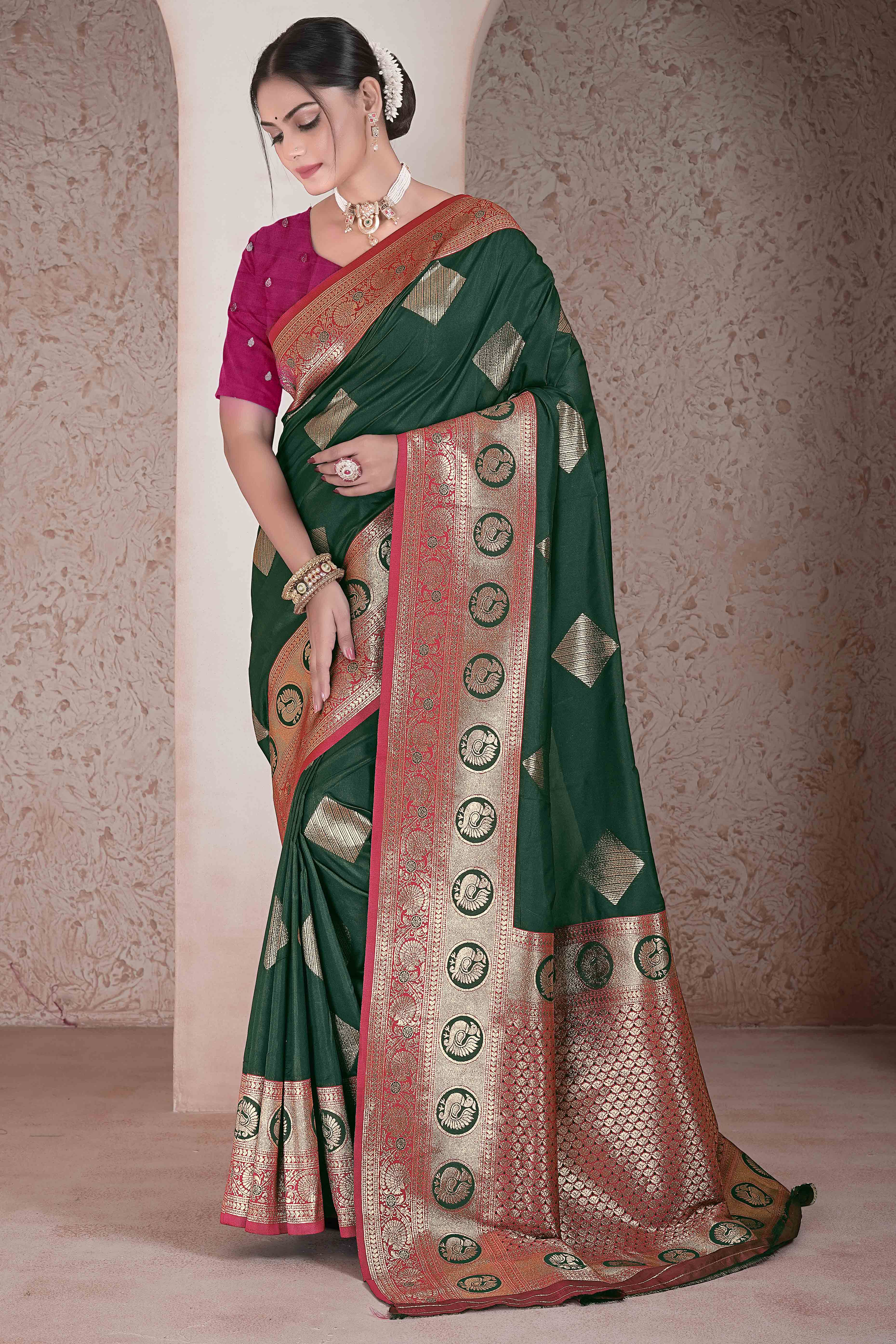 Dark Green Zari Woven Art Silk Saree With Opulent Banarasi Pallu Work