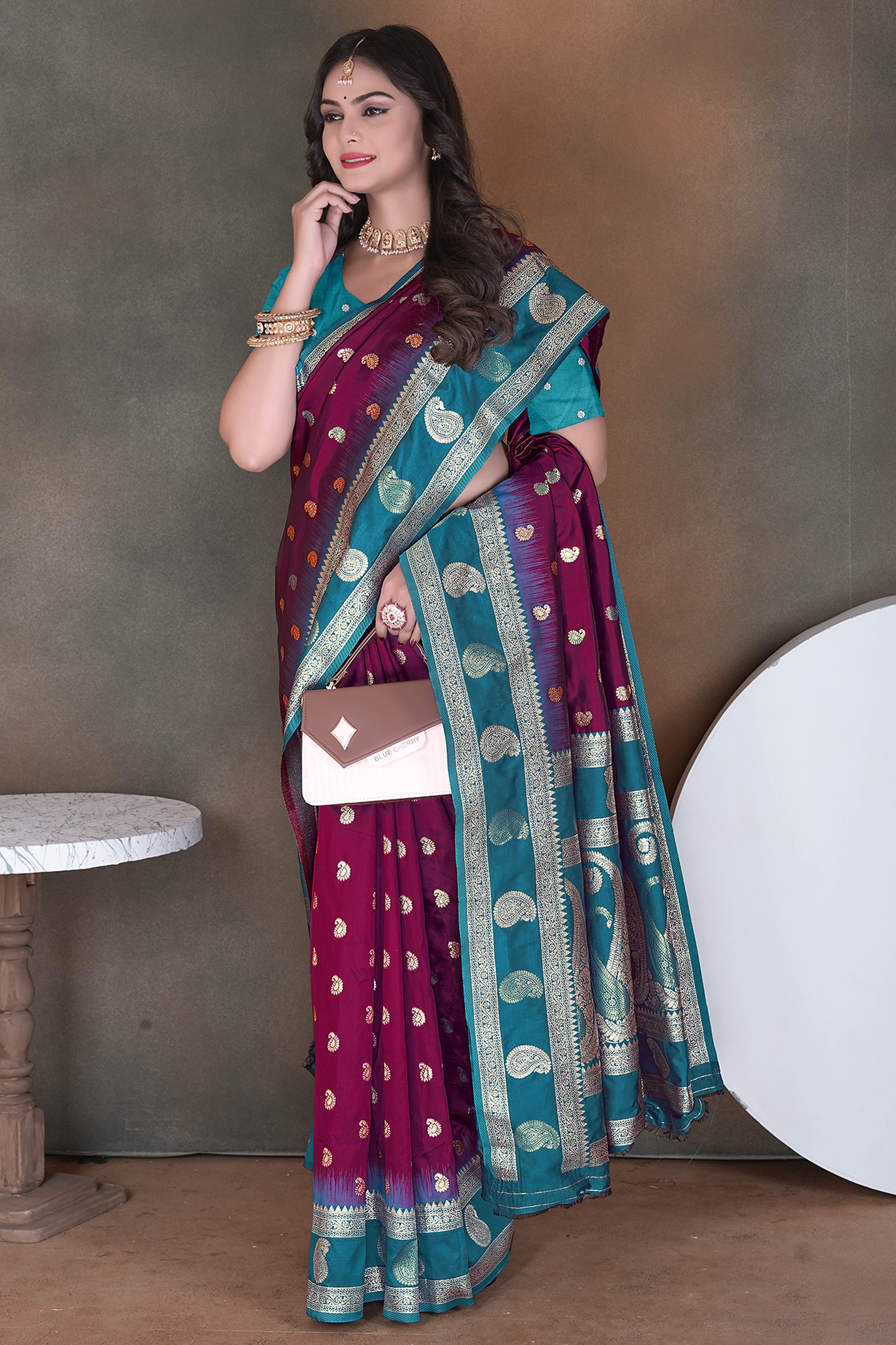 Wine Art Silk Saree Adorned With Zari Woven Paisley Motifs & Rich Banarasi Pallu