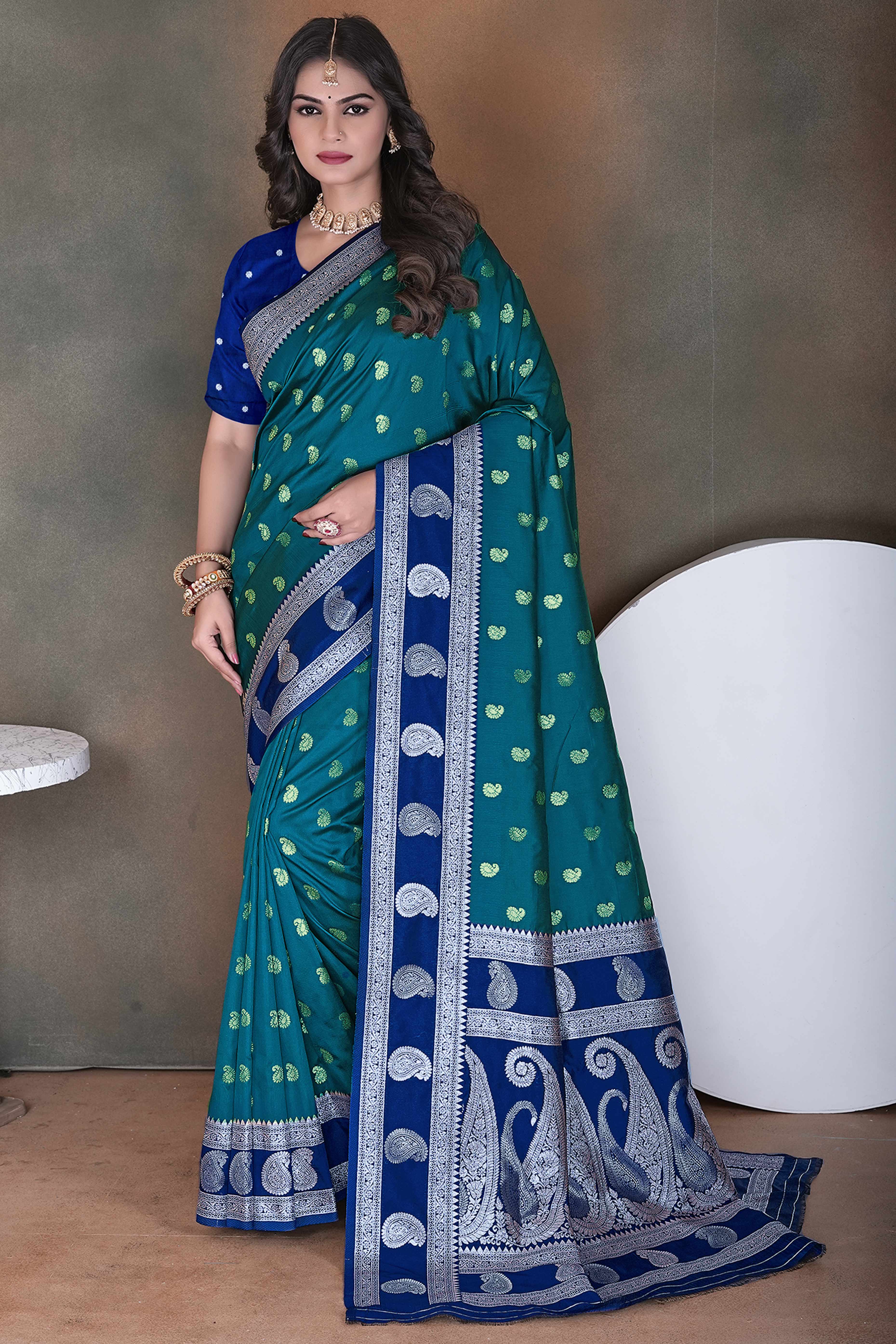 Dark Teal Blue Art Silk Saree Adorned With Zari Woven Paisley Motifs & Rich Banarasi Pallu