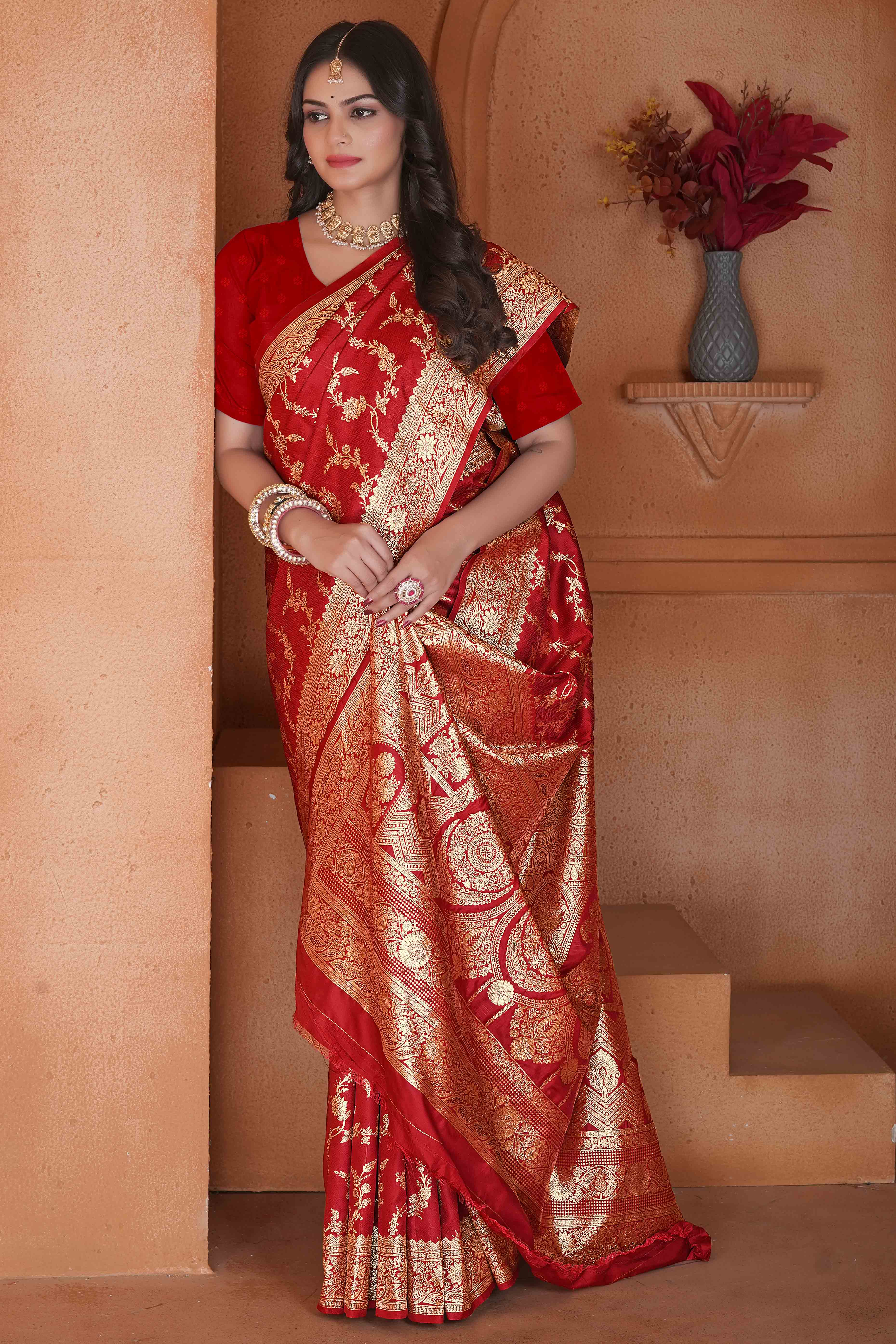 Red Saree in Art Silk Featuring Traditional Zari Woven Floral Motifs for Special Occasions