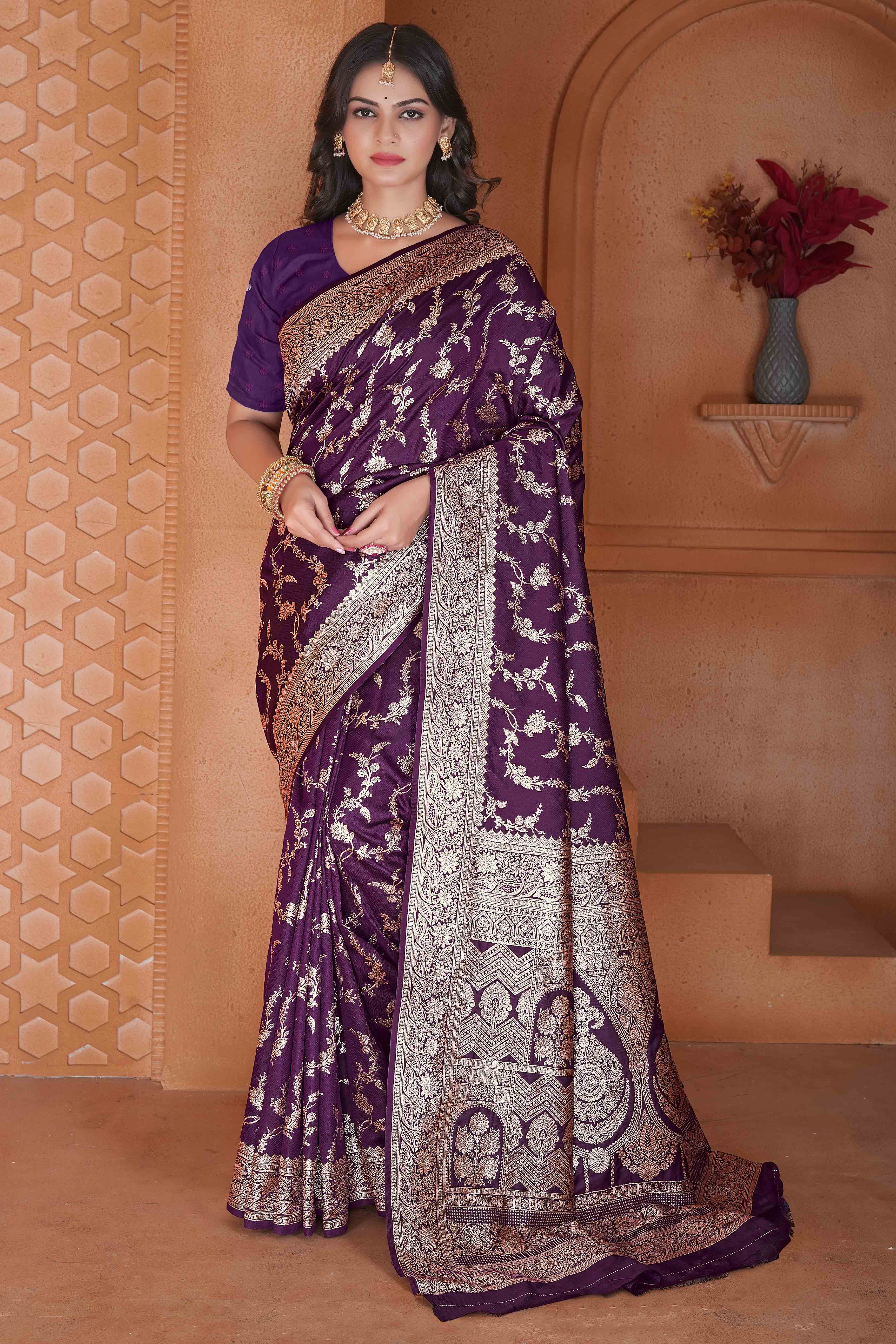 Purple Saree in Art Silk Featuring Traditional Zari Woven Floral Motifs for Special Occasions